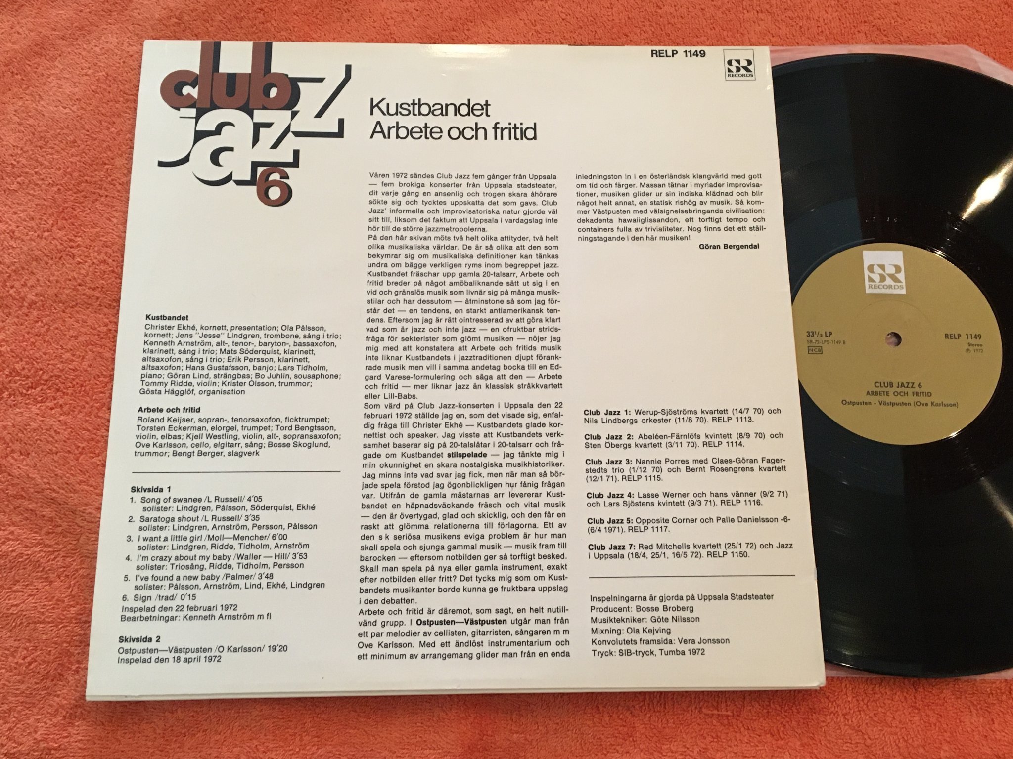 Omslagsbild för skivan ARBETE & FRITID / KUSTBANDET Club Jazz 6 LP -72 Swe SR RELP 1149