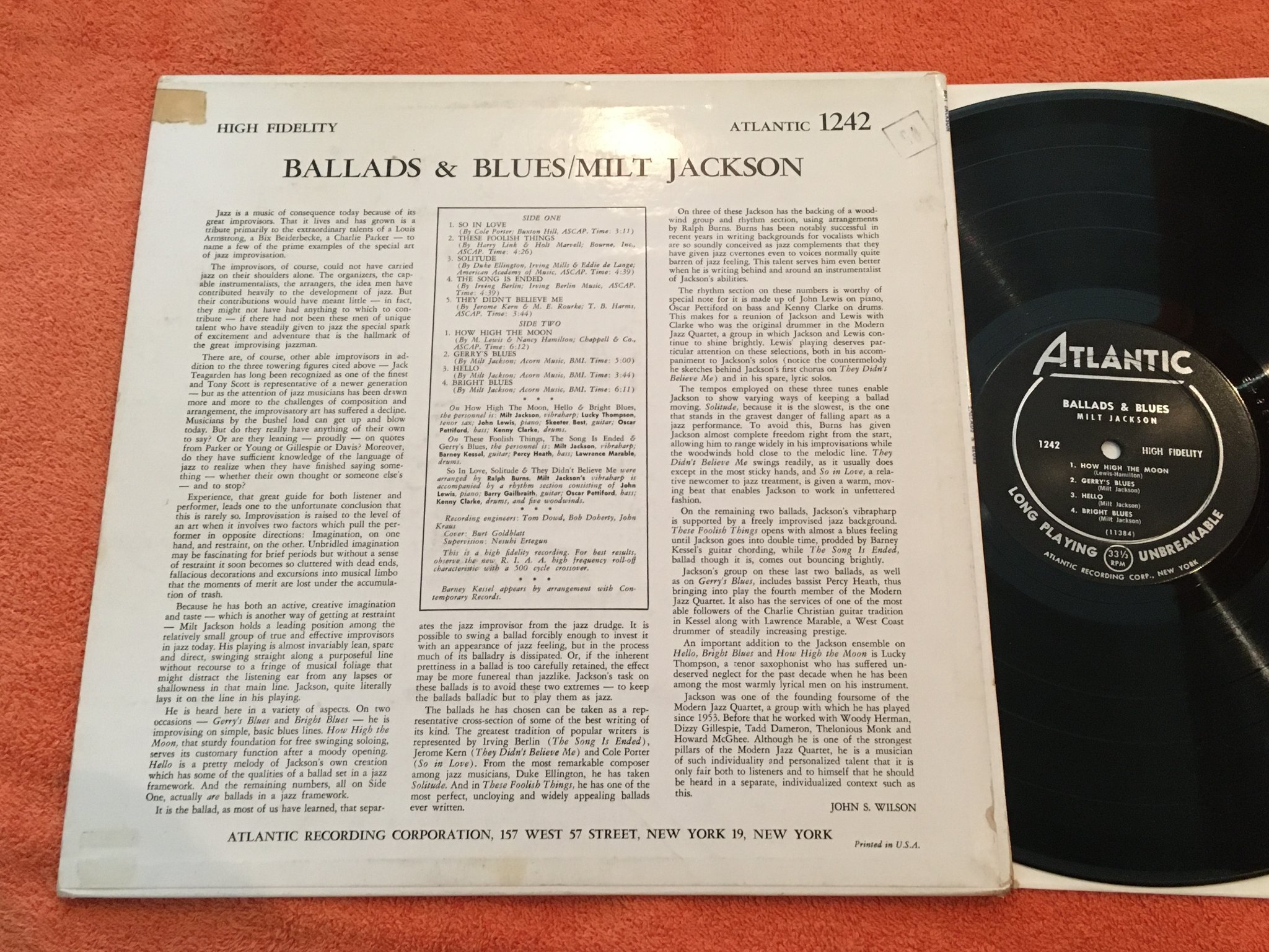 Omslagsbild för skivan MILT JACKSON ballads & blues LP -56 US ATLANTIC 1242 deep groove