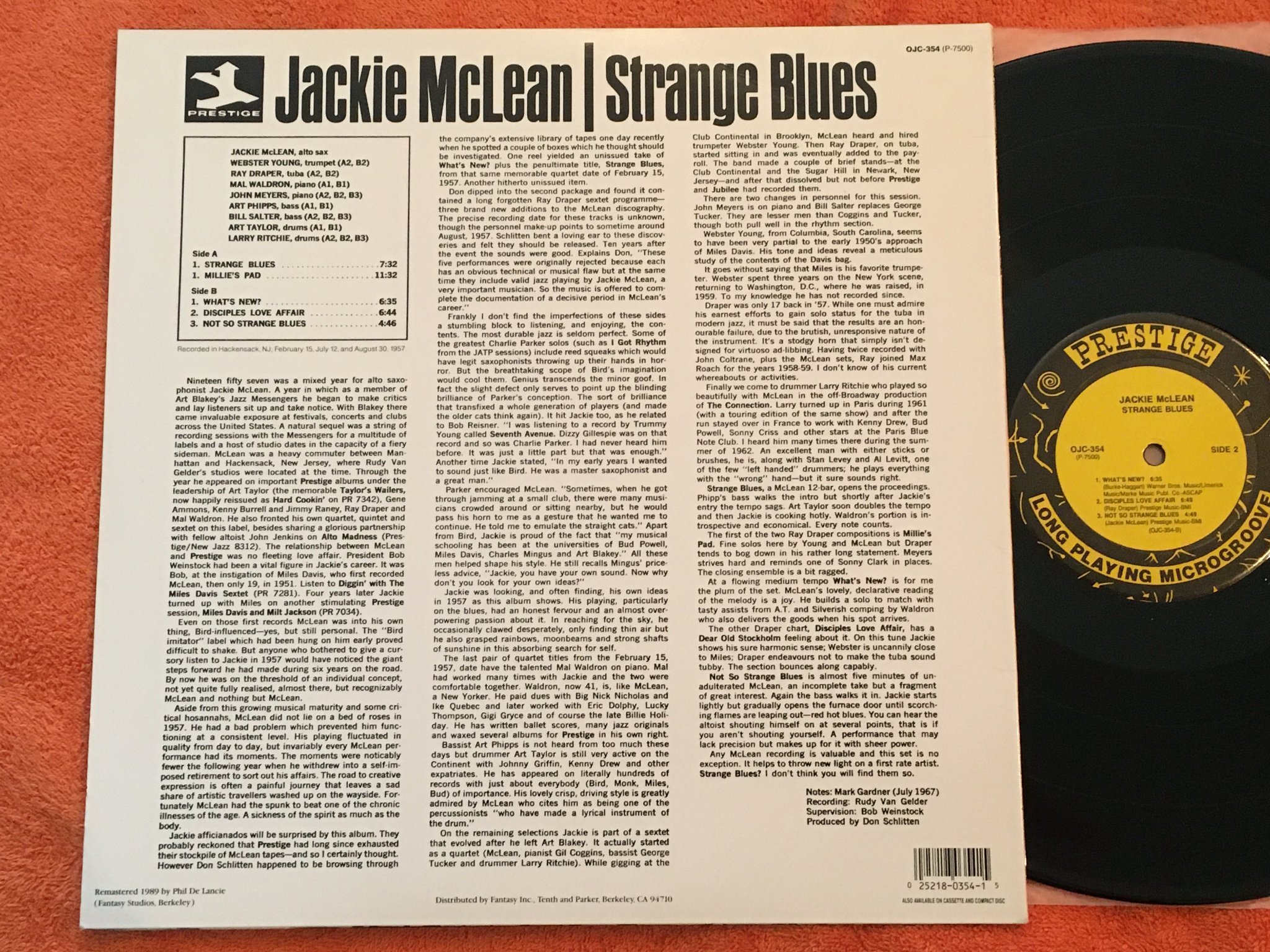Omslagsbild för skivan JACKIE McLEAN strange blues LP US ORIGINAL JAZZ CLASSICS OJC 354