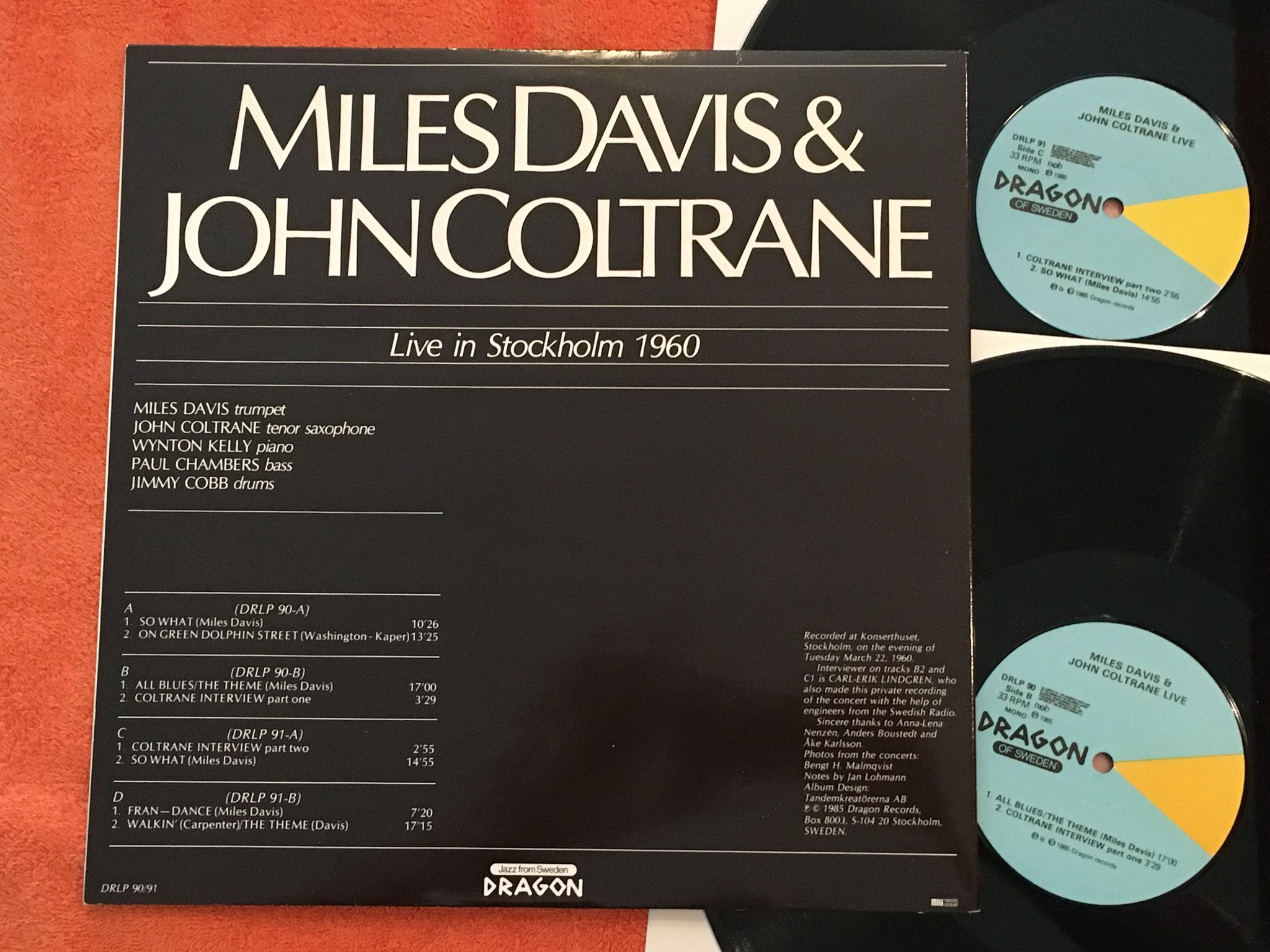 Omslagsbild för skivan MILES DAVIS & JOHN COLTRANE live in Stockholm 1960 2xLP DRAGON DRLP 91