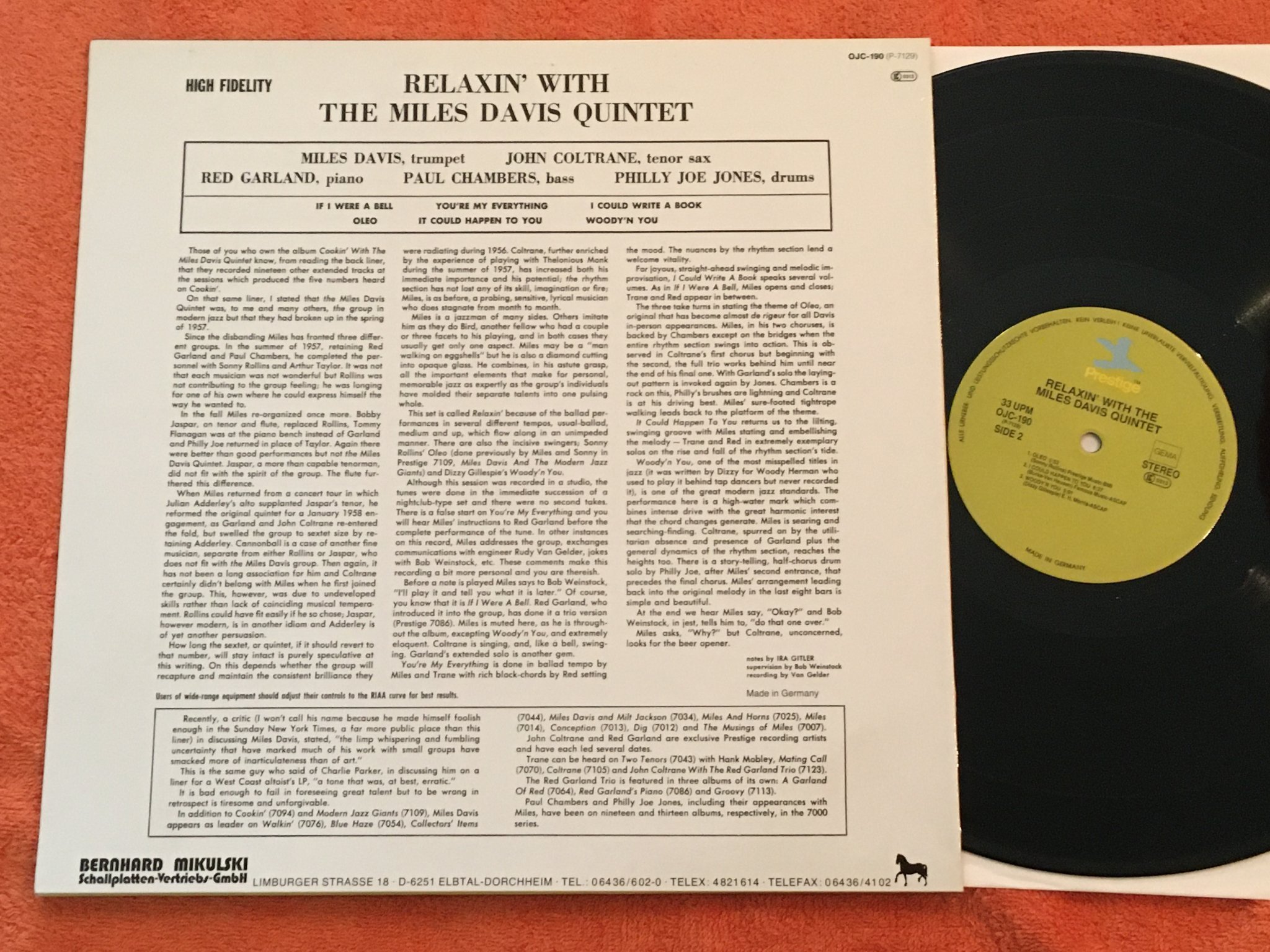 Omslagsbild för skivan MILES DAVIS QUINTET relaxin with the.. LP ORIGINAL JAZZ CLASSICS OJC 190