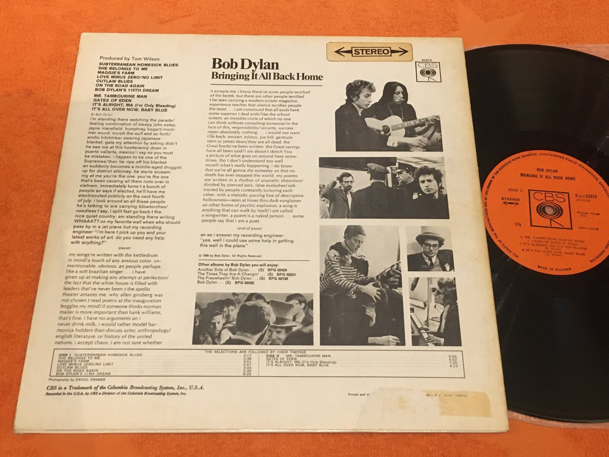 Omslagsbild för skivan BOB DYLAN bringing it all back home LP -65 UK CBS SBPG 62515