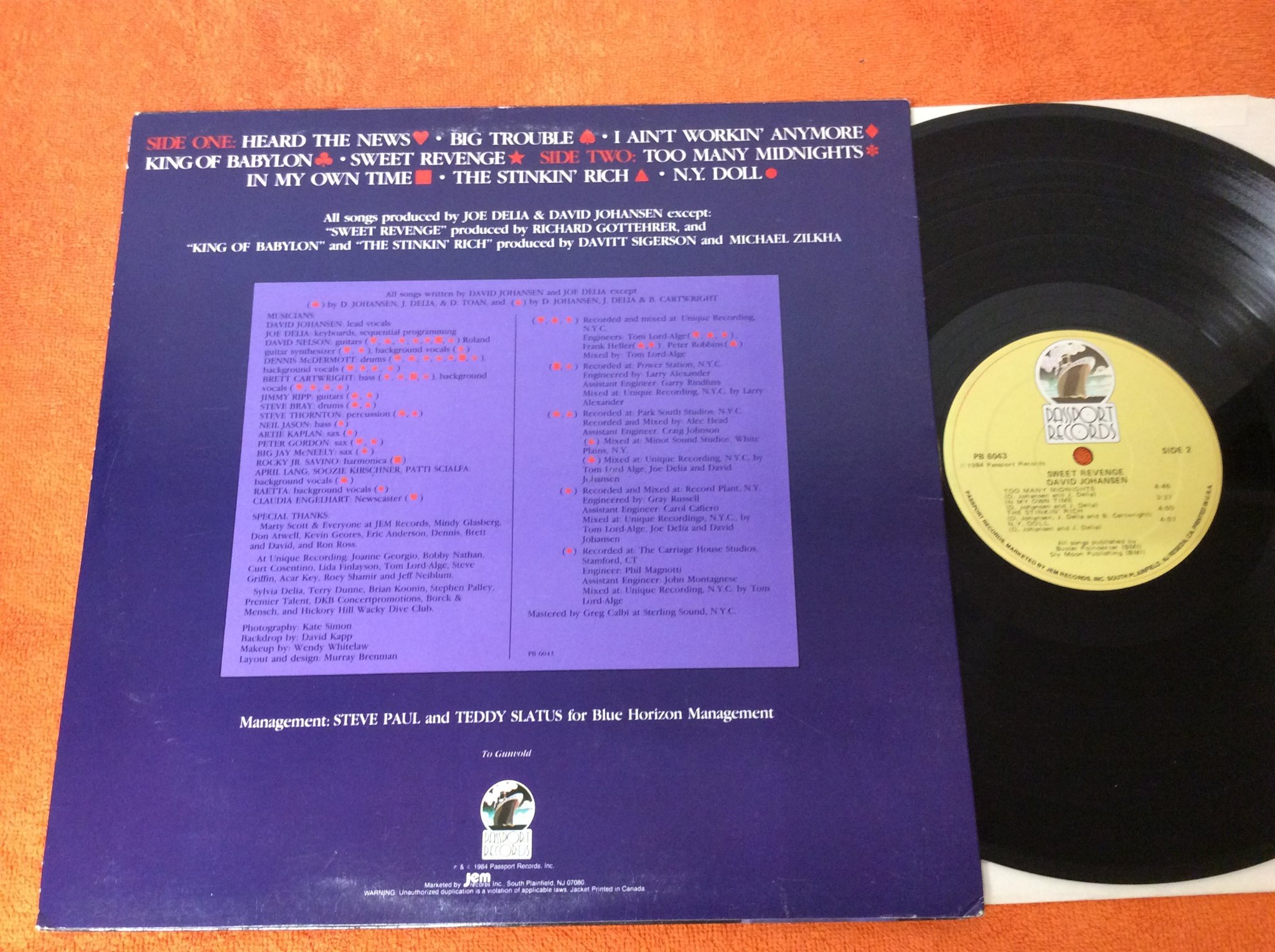 Omslagsbild för skivan DAVID JOHANSEN sweet revenge LP signerad 