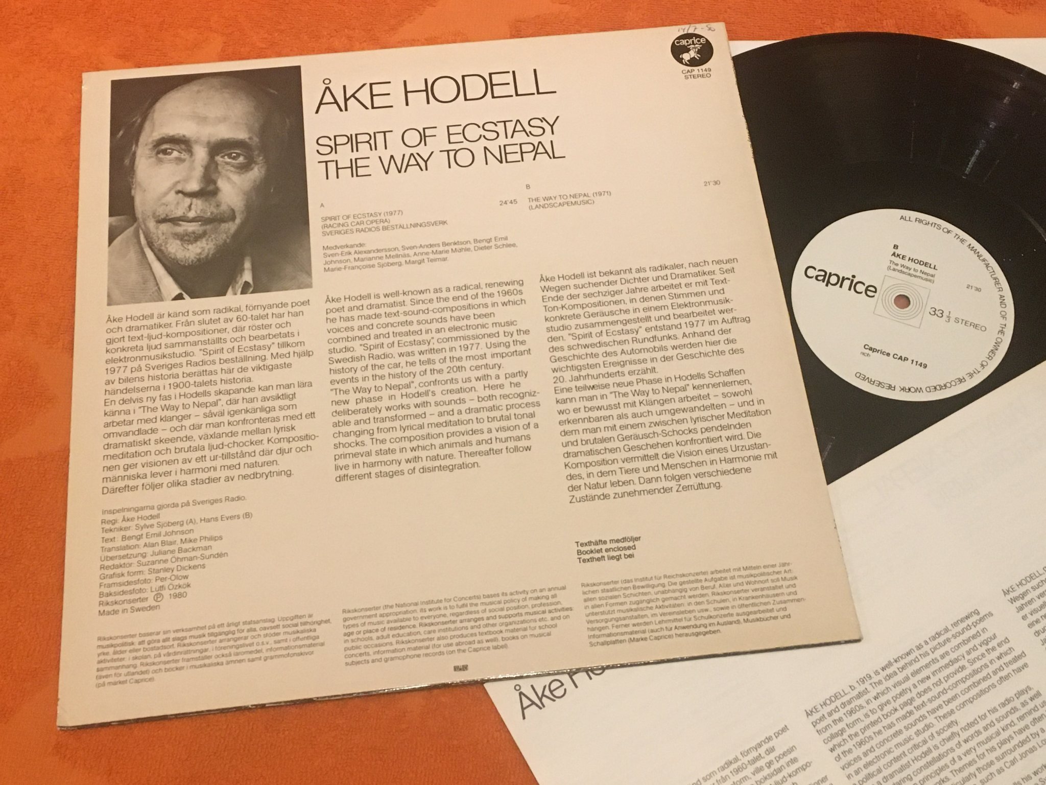 Omslagsbild för skivan ÅKE HODELL Spirit Of Ecstasy / The Way To Nepal LP -80 CAP 1149 experimental