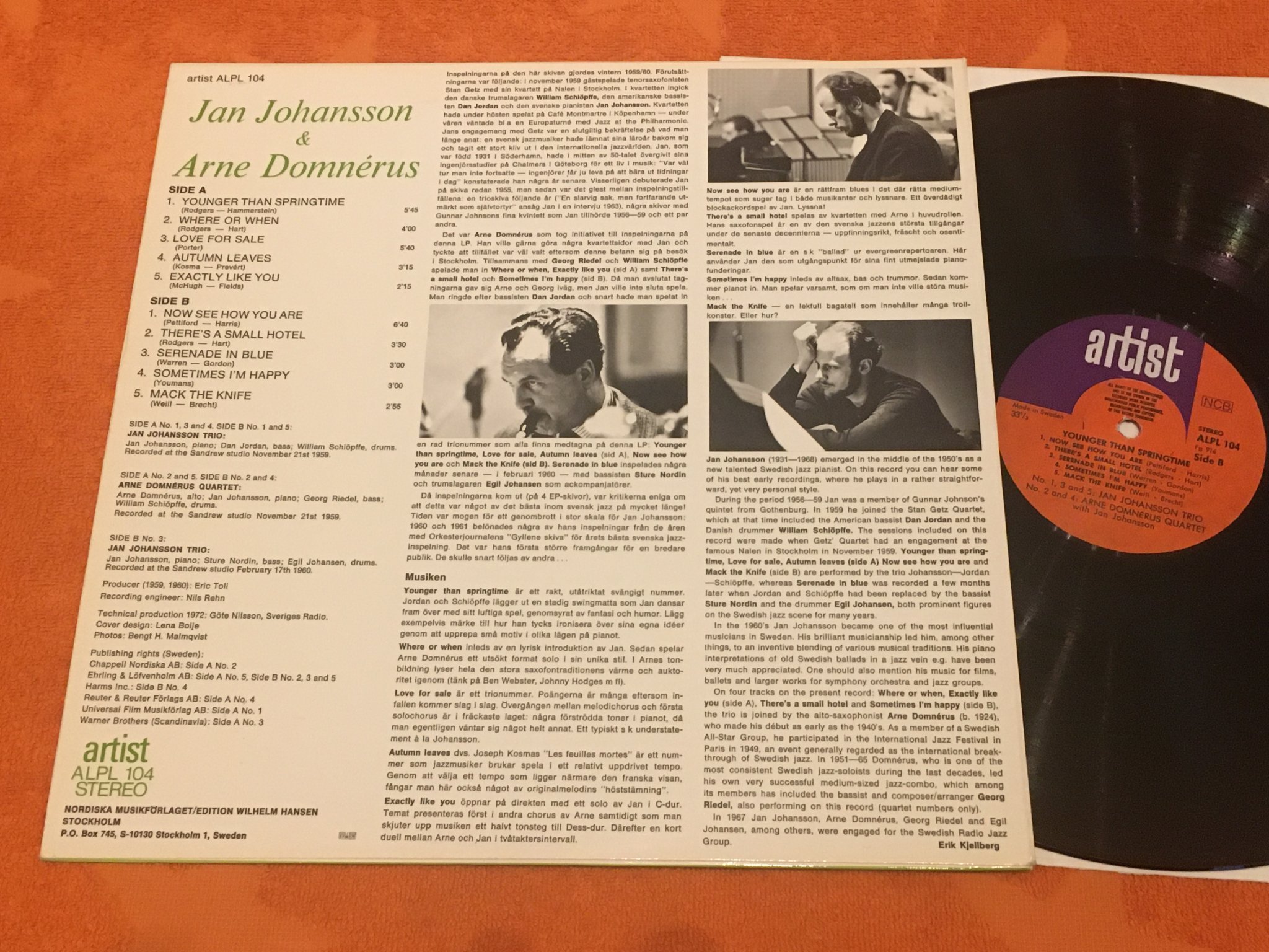 Omslagsbild för skivan JAN JOHANSSON younger than springtime LP -72 Swe ARTIST ALPL 104