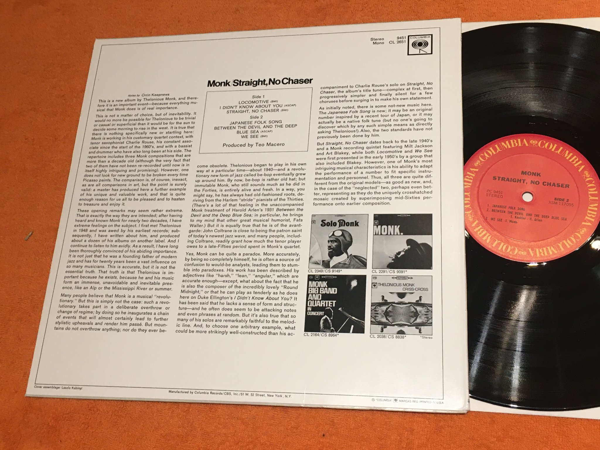 Omslagsbild för skivan THELONIOUS MONK straight, no chaser LP US COLUMBIA XSM 117055