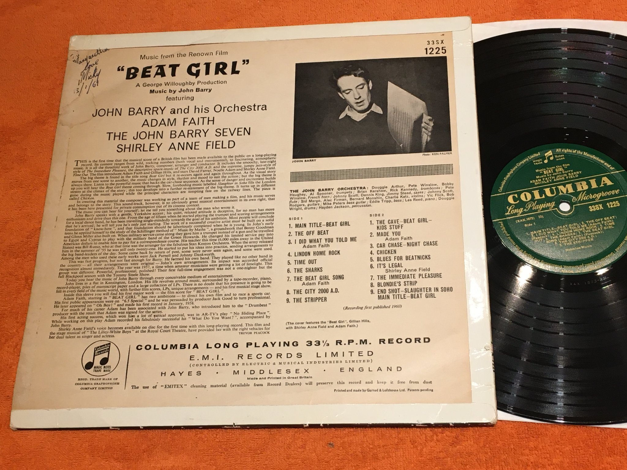 Omslagsbild för skivan JOHN BARRY & ADAM FAITH beat girl LP -60 UK COLUMBIA 33SX 1225 kult