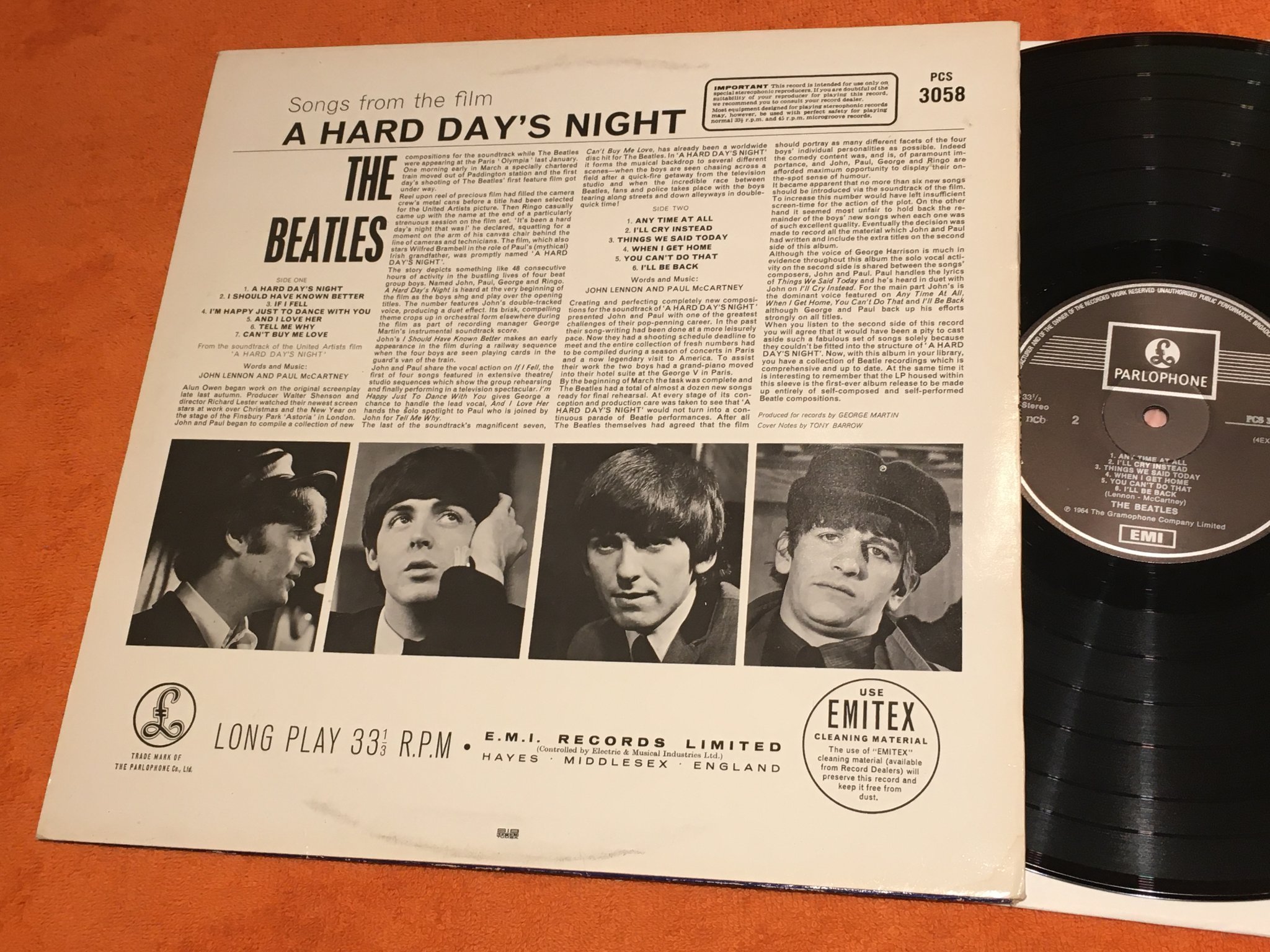 Omslagsbild för skivan THE BEATLES a hard day’s night LP re Swe EMI PCS 3058