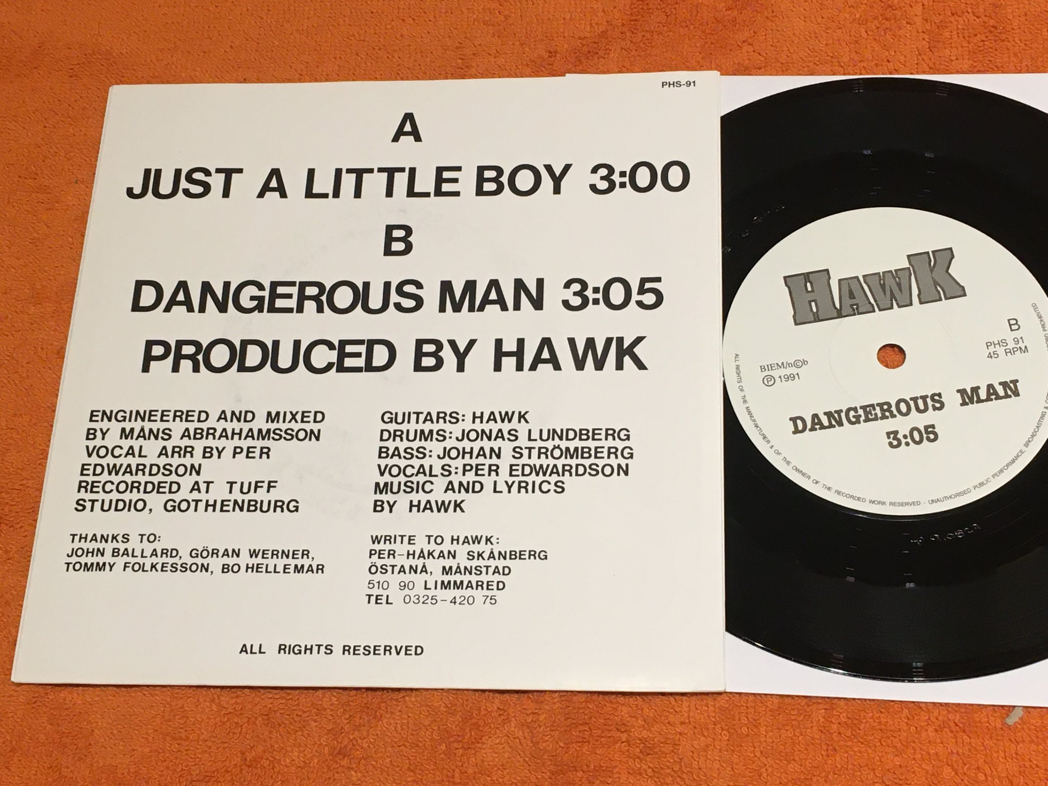 Omslagsbild för skivan HAWK just a little boy 7”single -91 PRIVATE PRESS swe  PHS-9 hård rock