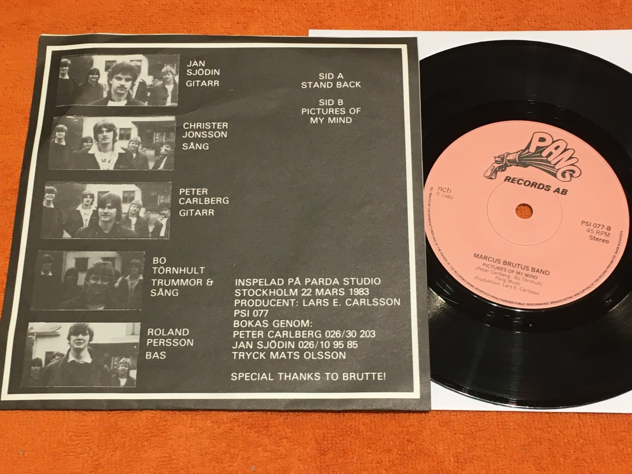 Omslagsbild för skivan MARCUS BRUTUS BAND stand back 7”  -83 Swe PANG PSI 077 MEGA RARE heavy metal