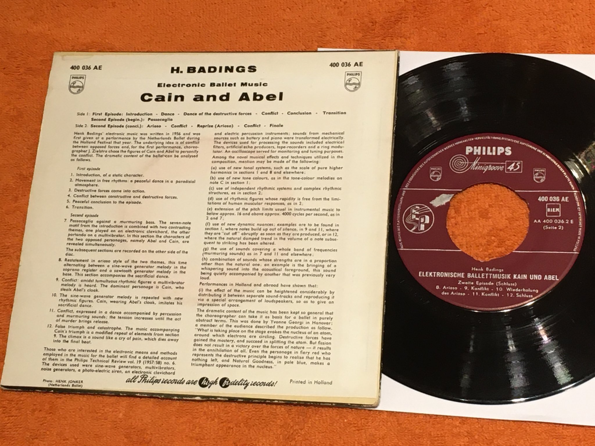 Omslagsbild för skivan H. BADINGS electronic ballet music 7” -58 Hol PHILIPS 400 036 AE