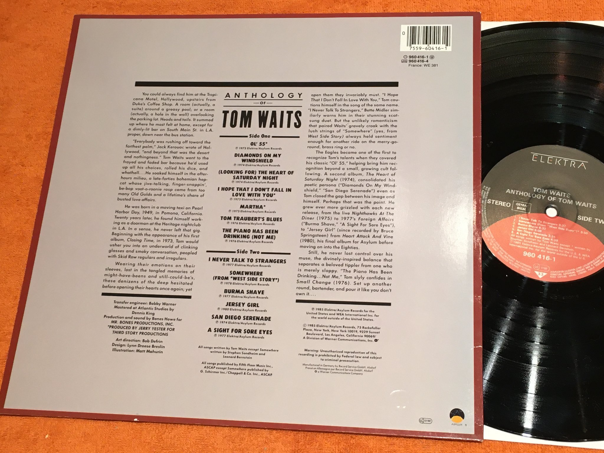 Omslagsbild för skivan TOM WAITS anthology of... LP -85 ELEKTRA 960416-1