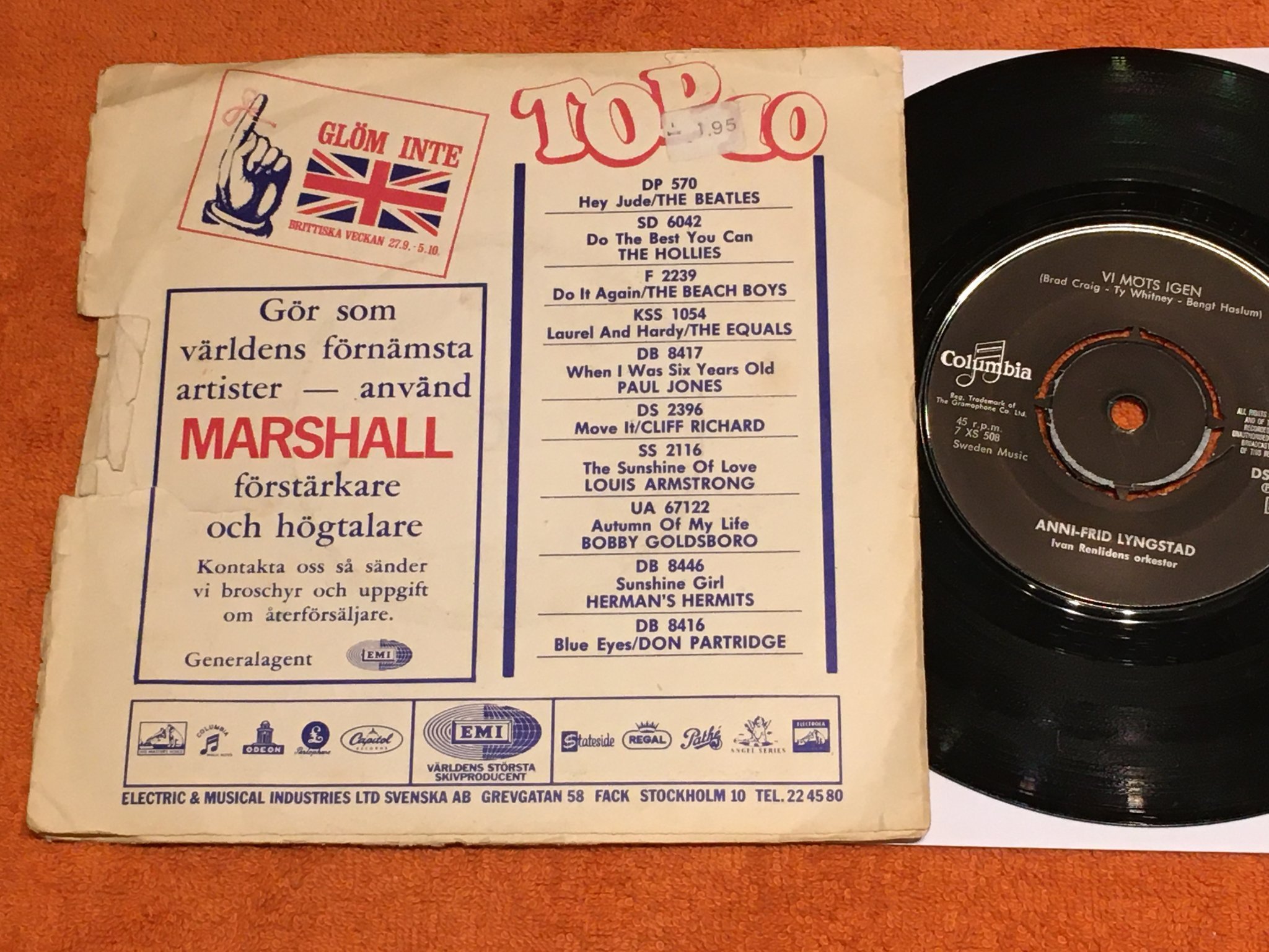 Omslagsbild för skivan ANNI-FRID LYNGSTAD simsalabim 7”single EMI/COLUMBIA DS 2392 rare