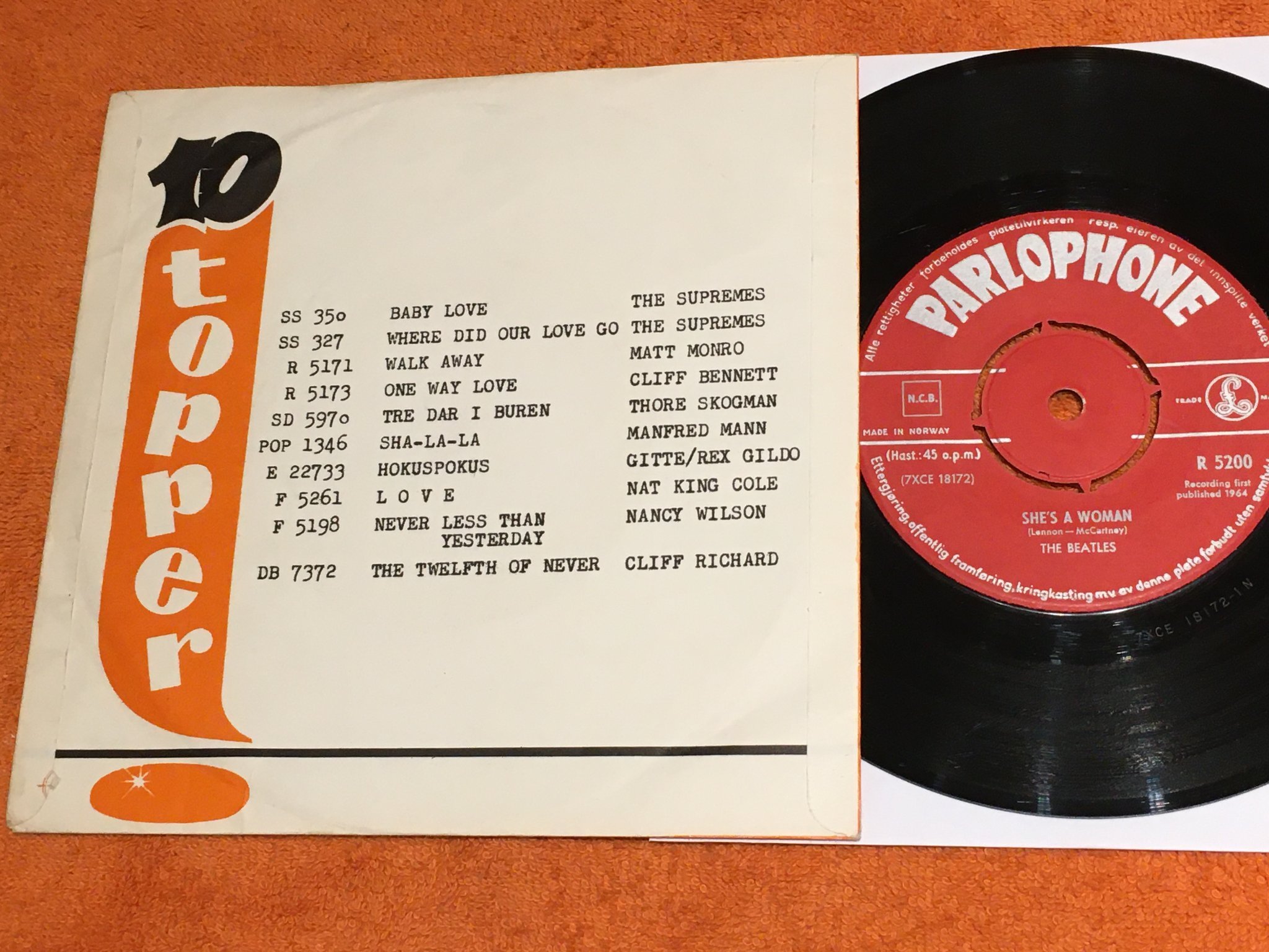 Omslagsbild för skivan THE BEATLES I feel fine 7”single -64 Norway PARLOPHONE R 5200