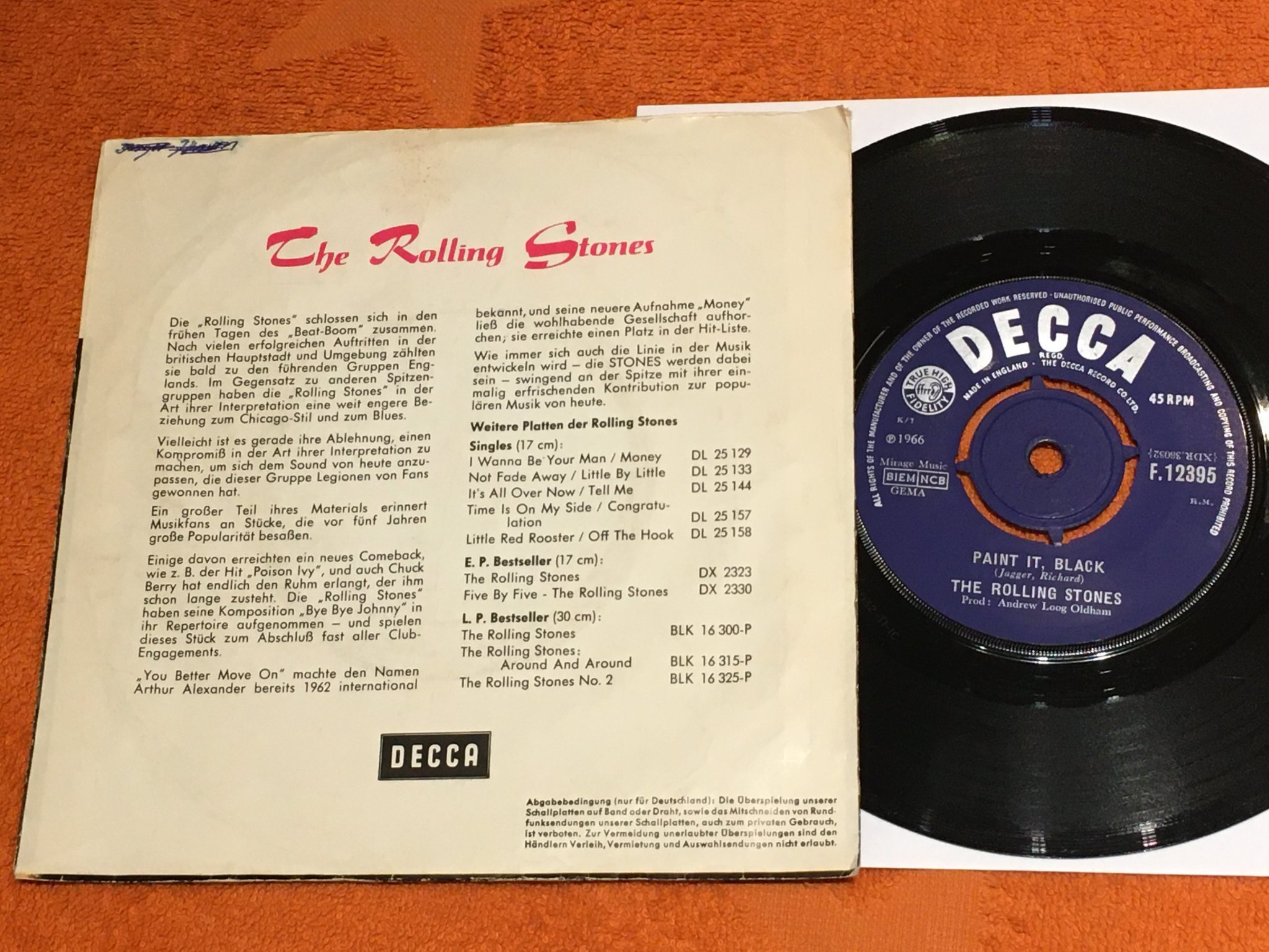 Omslagsbild för skivan THE ROLLING STONES paint it black  7” DECCA  F 12395