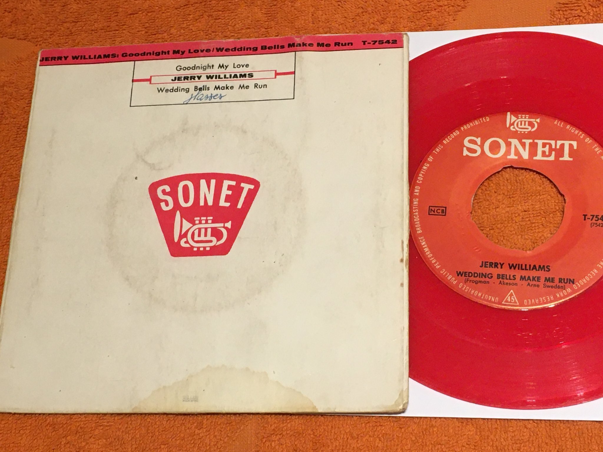 Omslagsbild för skivan JERRY WILLIAMS goodnight my love 7” Swe SONET T-7542 red vinyl