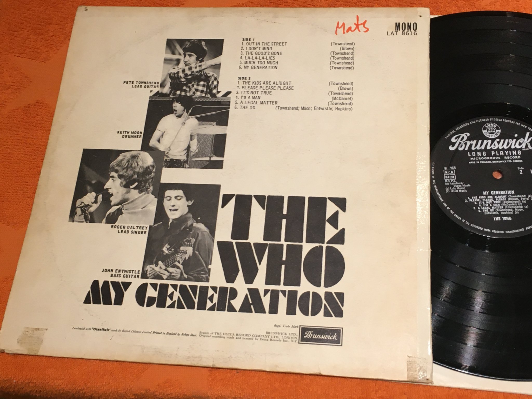 Omslagsbild för skivan THE WHO my generation LP -65 UK BRUNSWICK LAT 8616