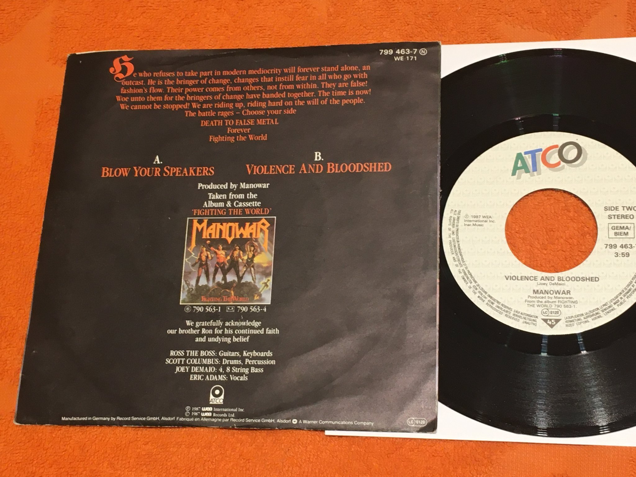 Omslagsbild för skivan MANOWAR blow your speakers 7” -87 ATCO 799 463-7