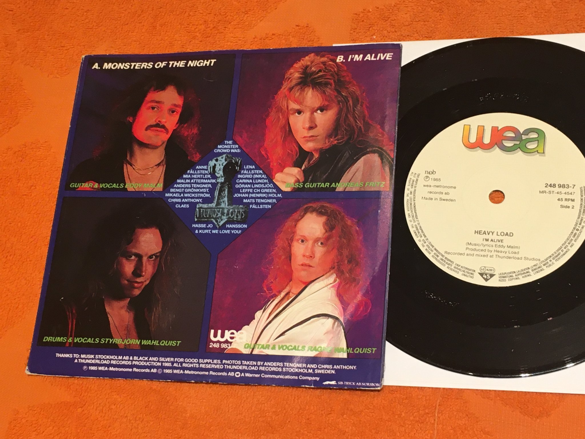 Omslagsbild för skivan HEAVY LOAD Monsters Of The Night  7”  -85 WEA 248 983-7