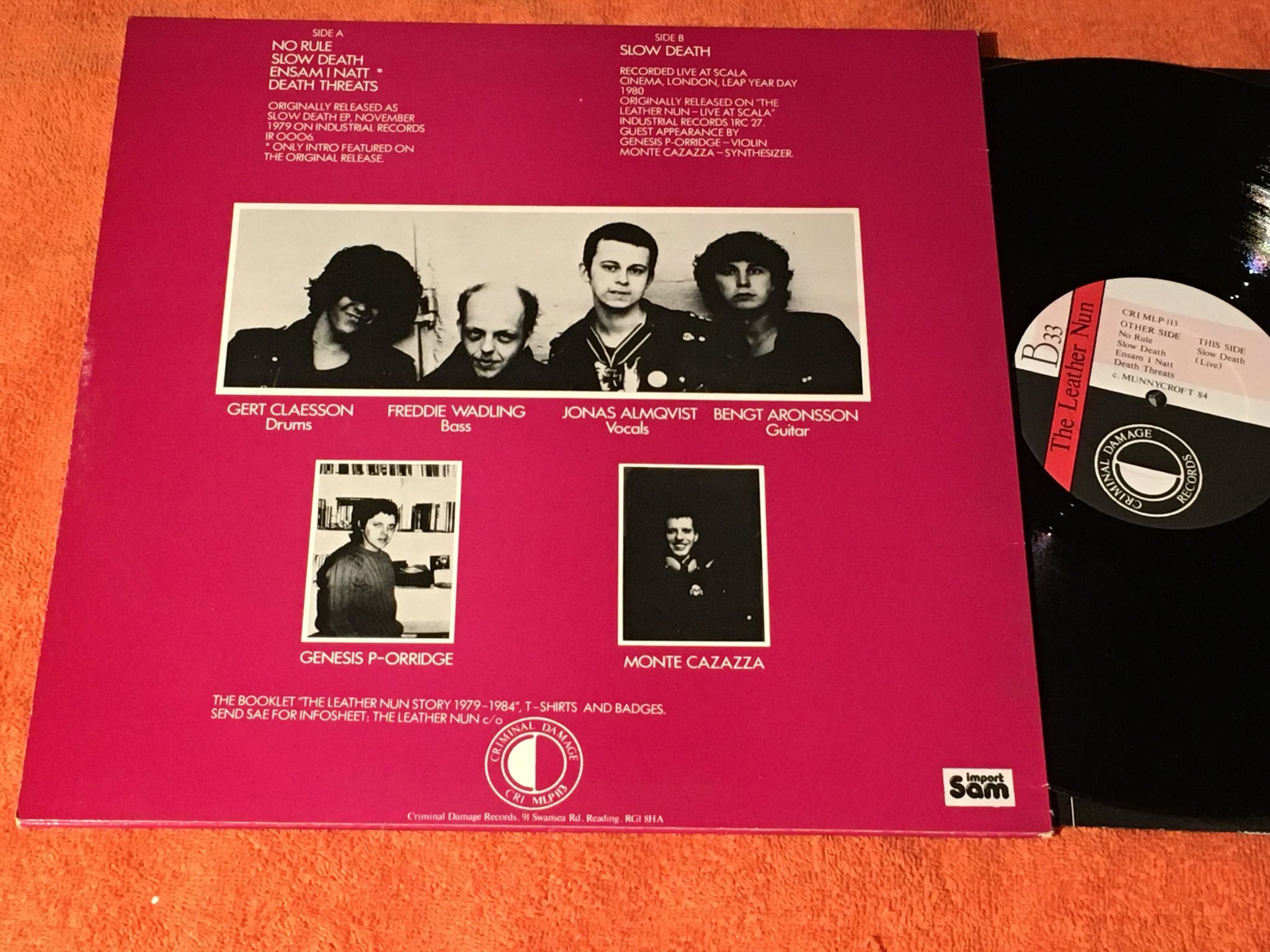 Omslagsbild för skivan THE LEATHER NUN slow death LP -84 UK CRIMINAL DAMAGE CRI MLP-113