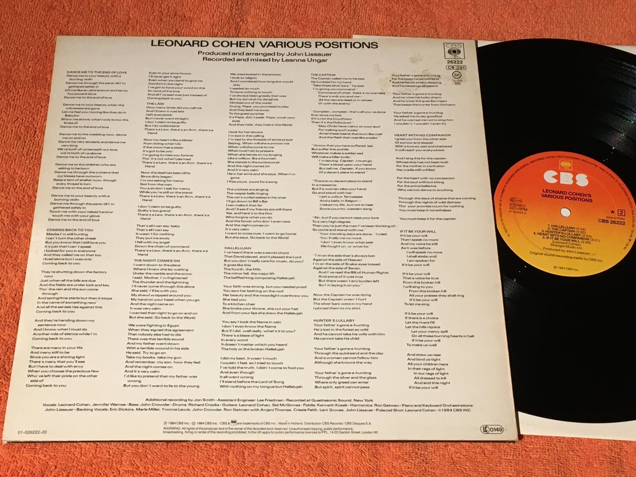 Omslagsbild för skivan LEONARD COHEN various positions LP -84 CBS 26222