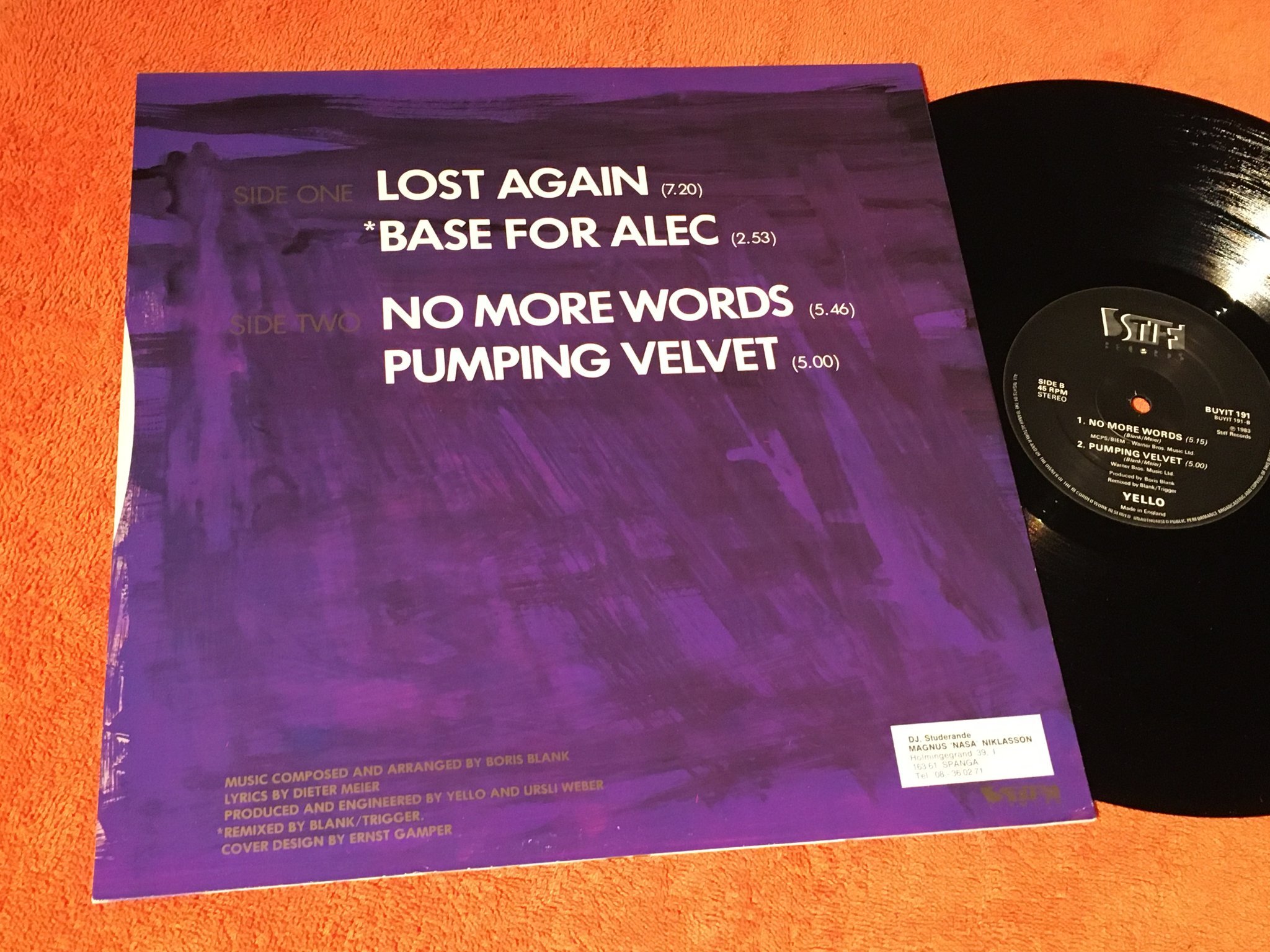 Omslagsbild för skivan YELLO lost again 12”ep -83 UK STIFF BUYIT 191
