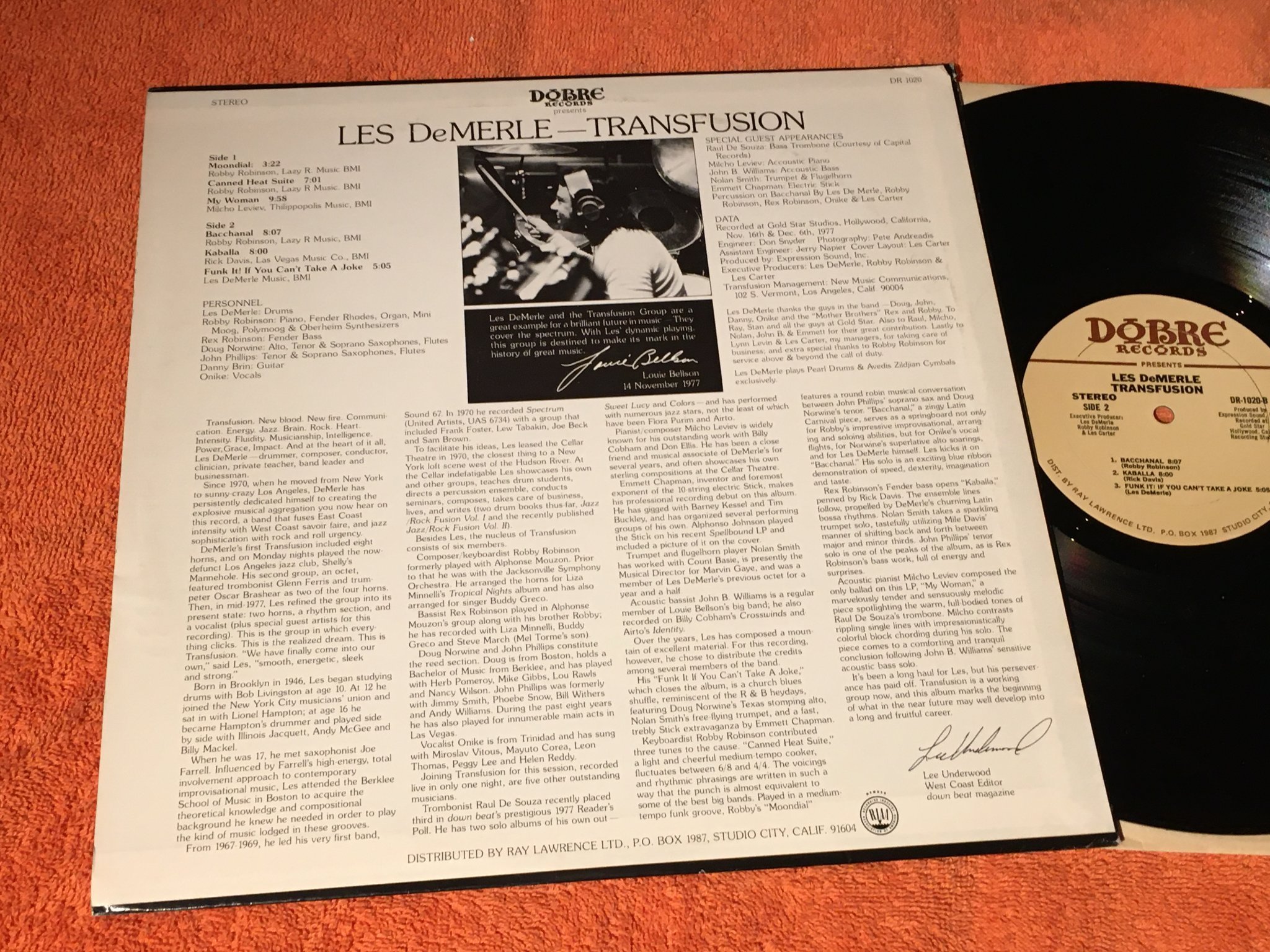 Omslagsbild för skivan LES DE MERLE transfusion LP -78 US DOBRE DR 1020 killer funky breaks ! ! 