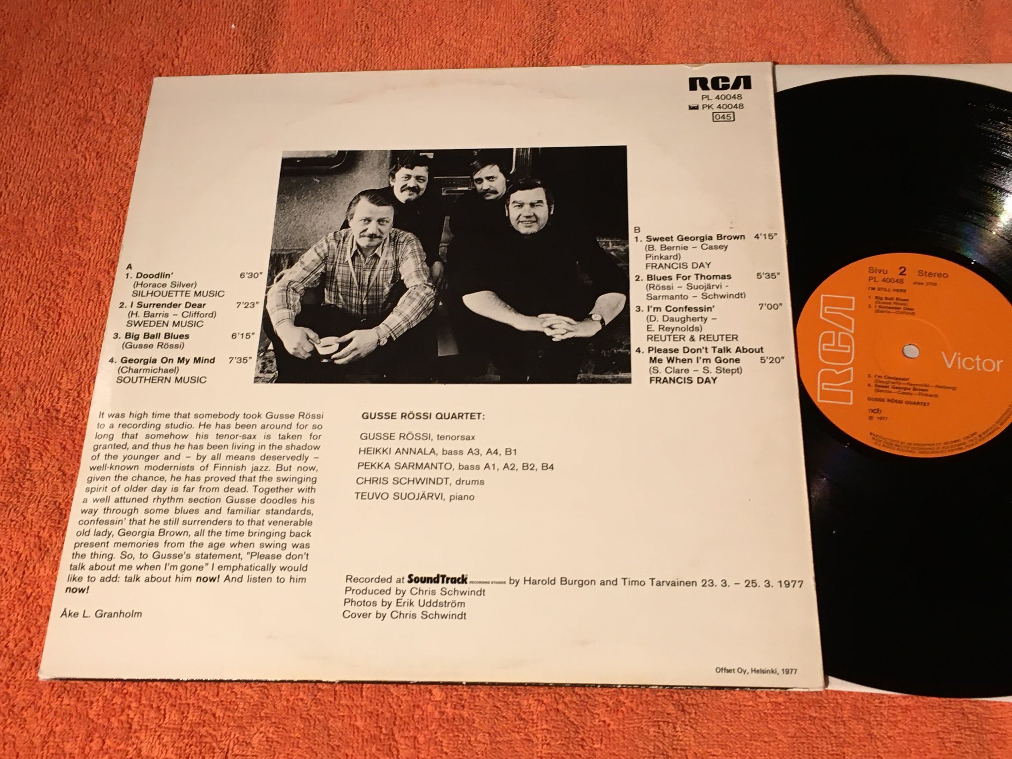 Omslagsbild för skivan GUSSE RÖSSI QUARTET I’m still here LP -77 Fin RCA PL 40048 