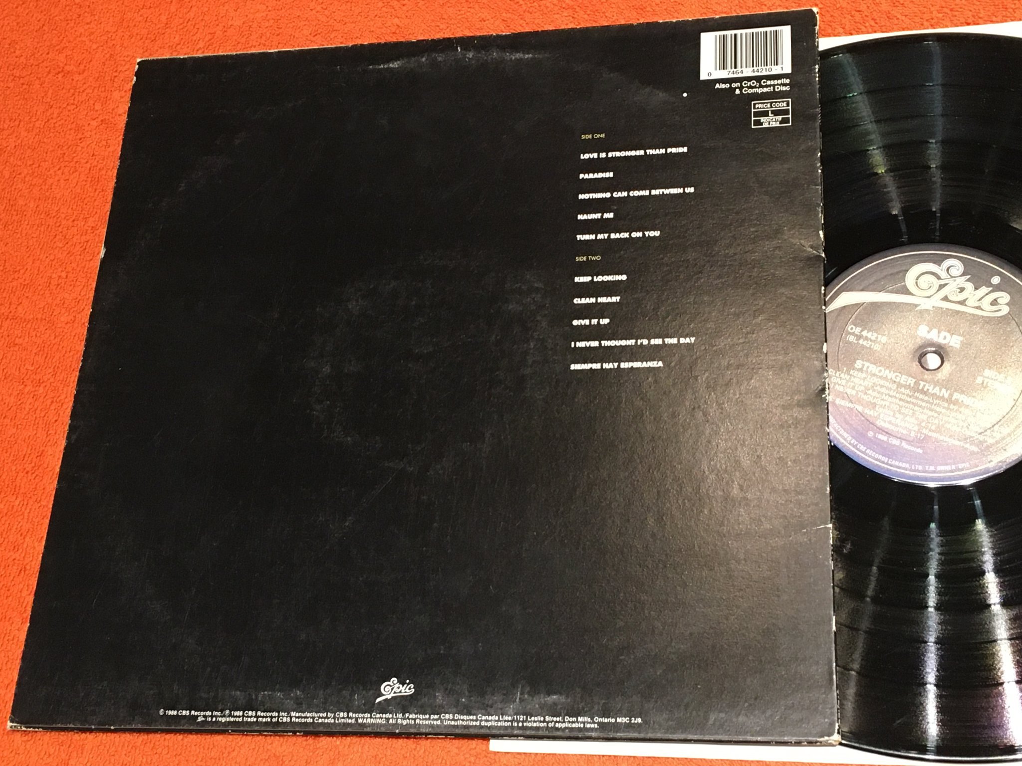 Omslagsbild för skivan SADE stronger than pride LP -88 Canada EPIC OE 44210