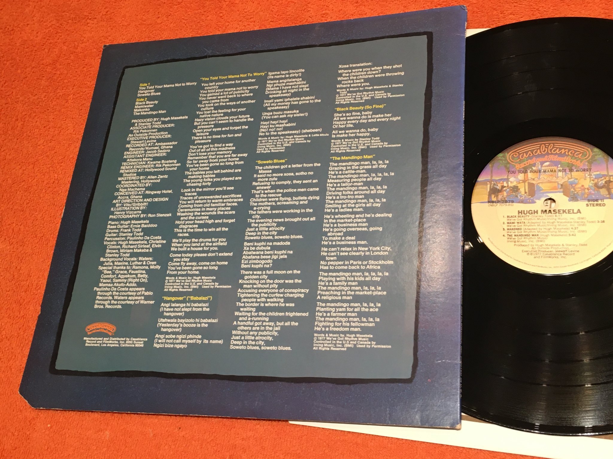 Omslagsbild för skivan HUGH MASEKELA you told your mama not to worry LP -77 US CASABLANCA NBLP 7079