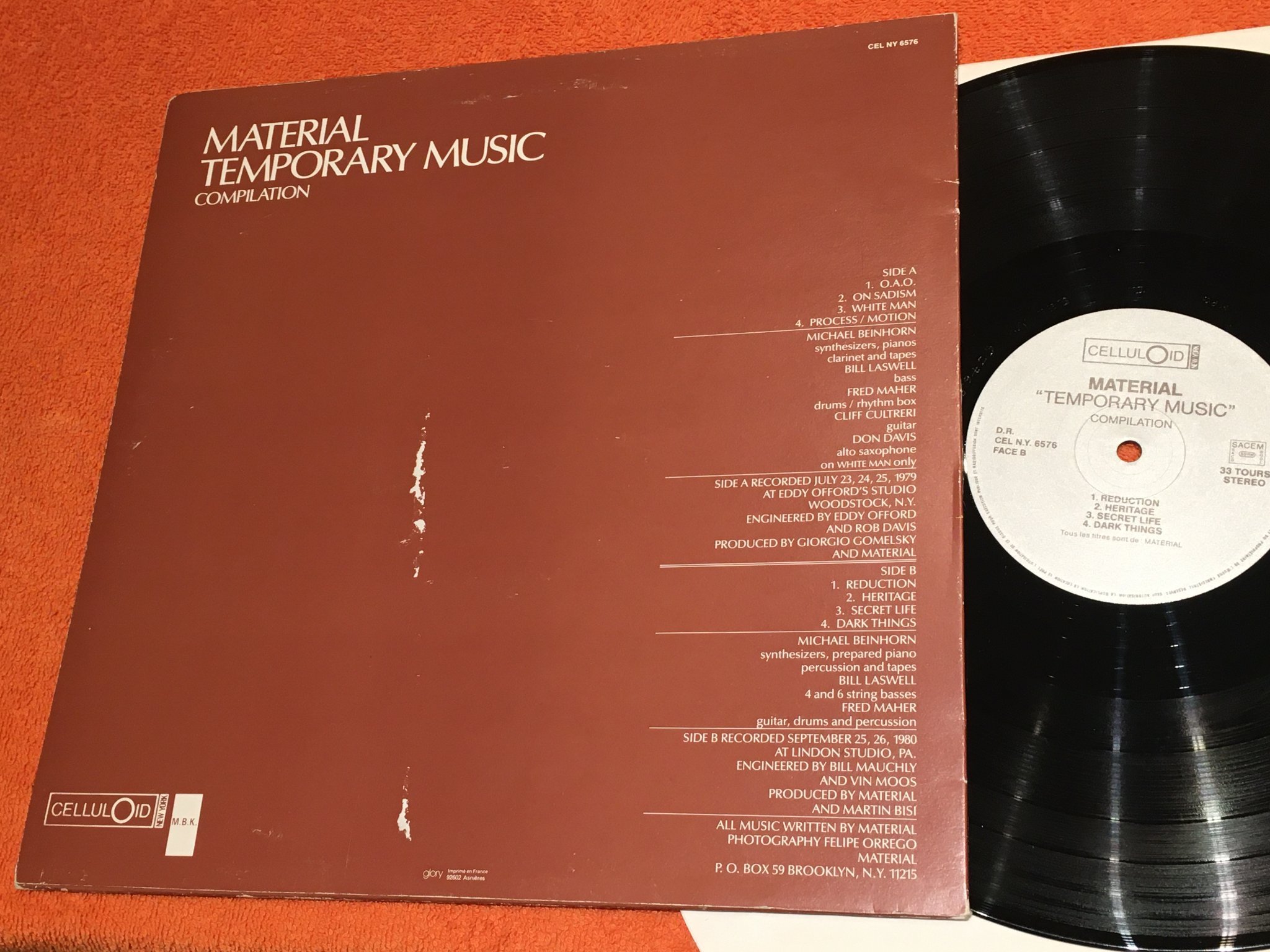 Omslagsbild för skivan MATERIAL temporary music compilation LP -80 Fra CELLULOID CEL NY 6576