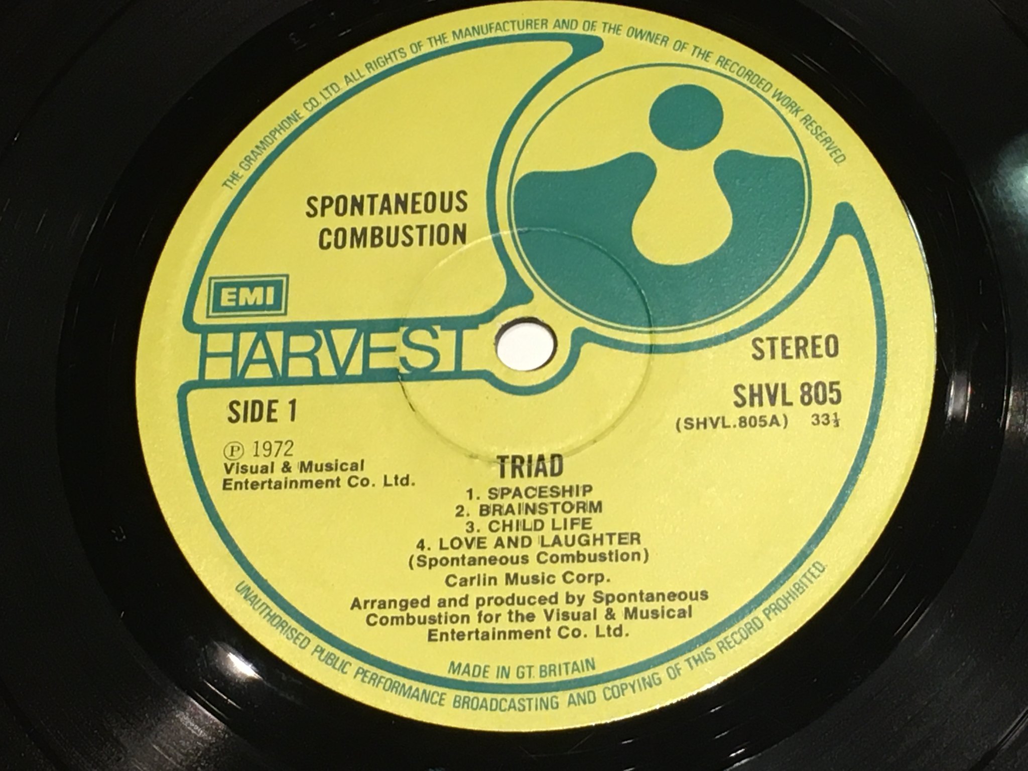 Omslagsbild för skivan SPONTANEOUS COMBUSTION triad LP -72 UK HARVEST SHVL 805 rare !