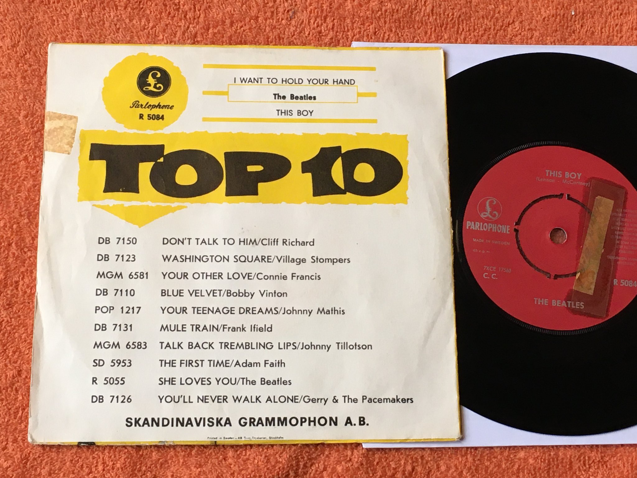 Omslagsbild för skivan THE BEATLES I want to hold your hand  7"single -63 Sweden PARLOPHONE R 5084