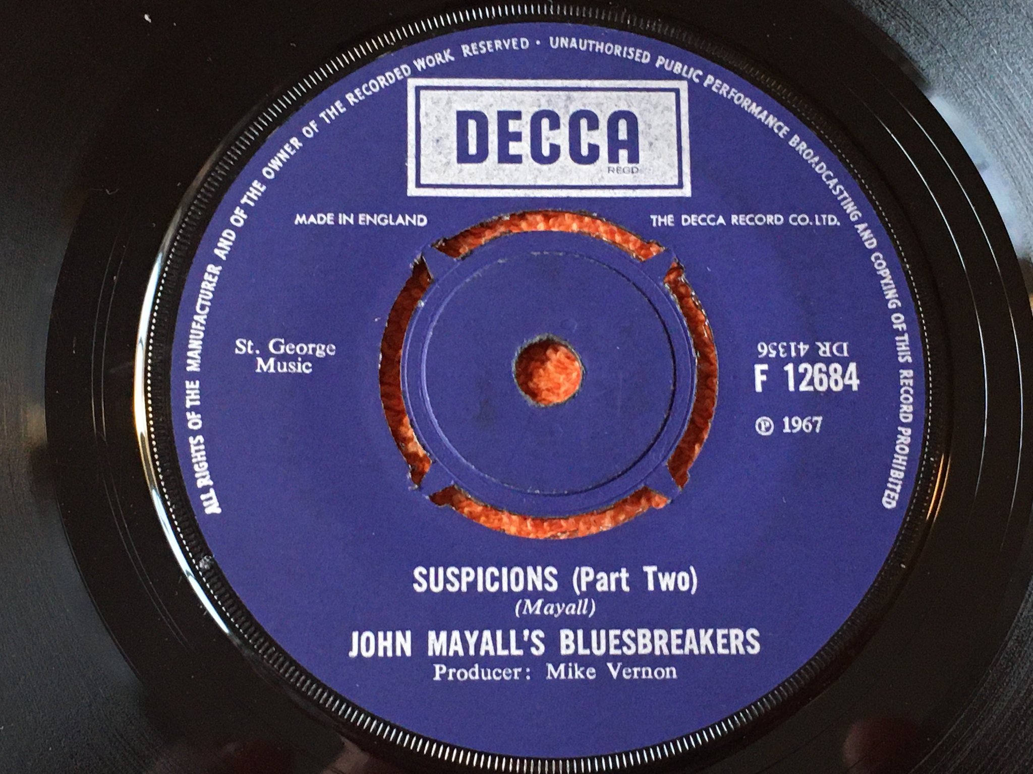 Omslagsbild för skivan JOHN MAYALL'S BLUESBREAKERS suspicions 7"single -67 UK DECCA f 12684