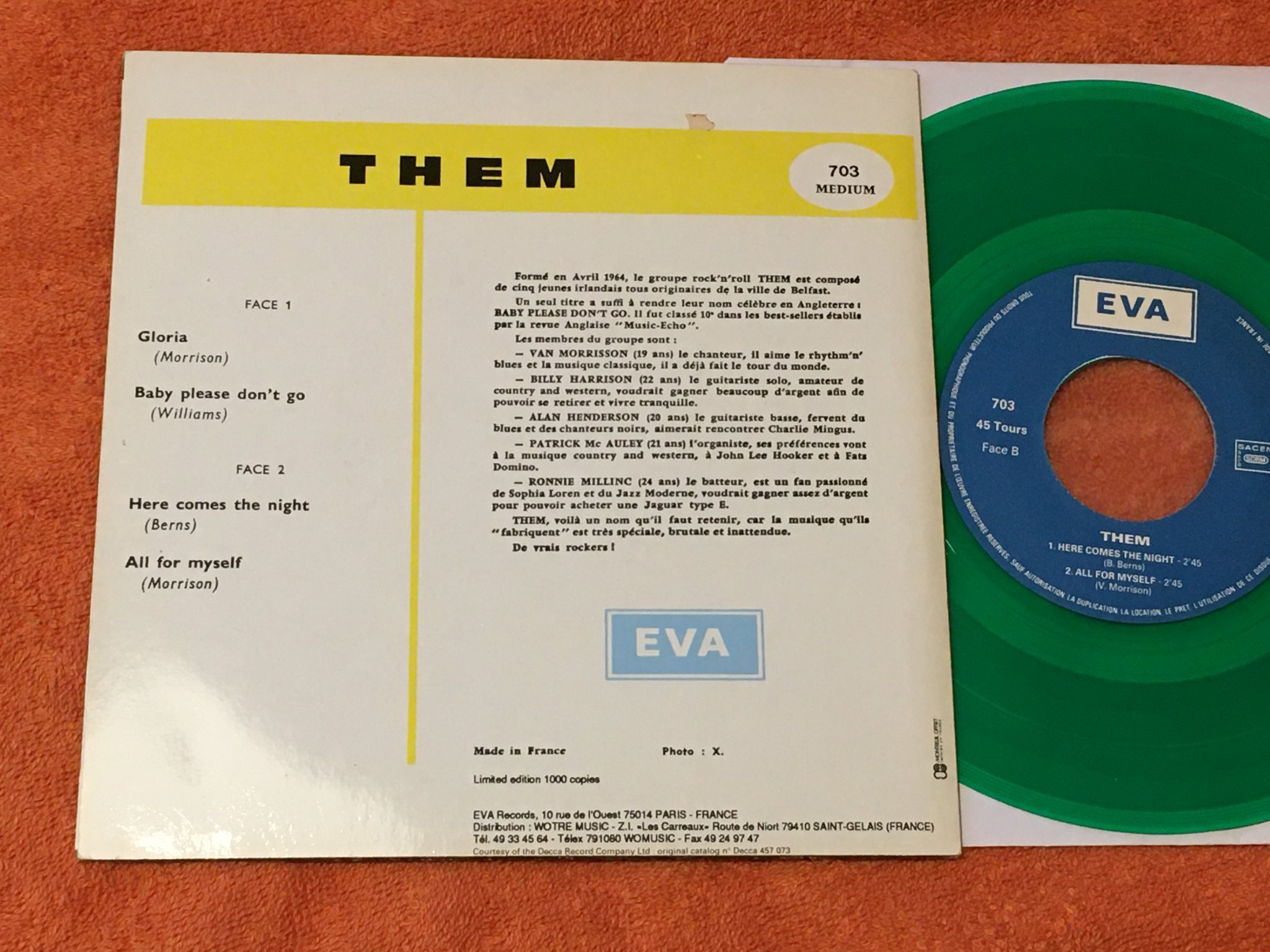 Omslagsbild för skivan THEM Gloria + 3  7"ep Fra EVA 703 green vinyl