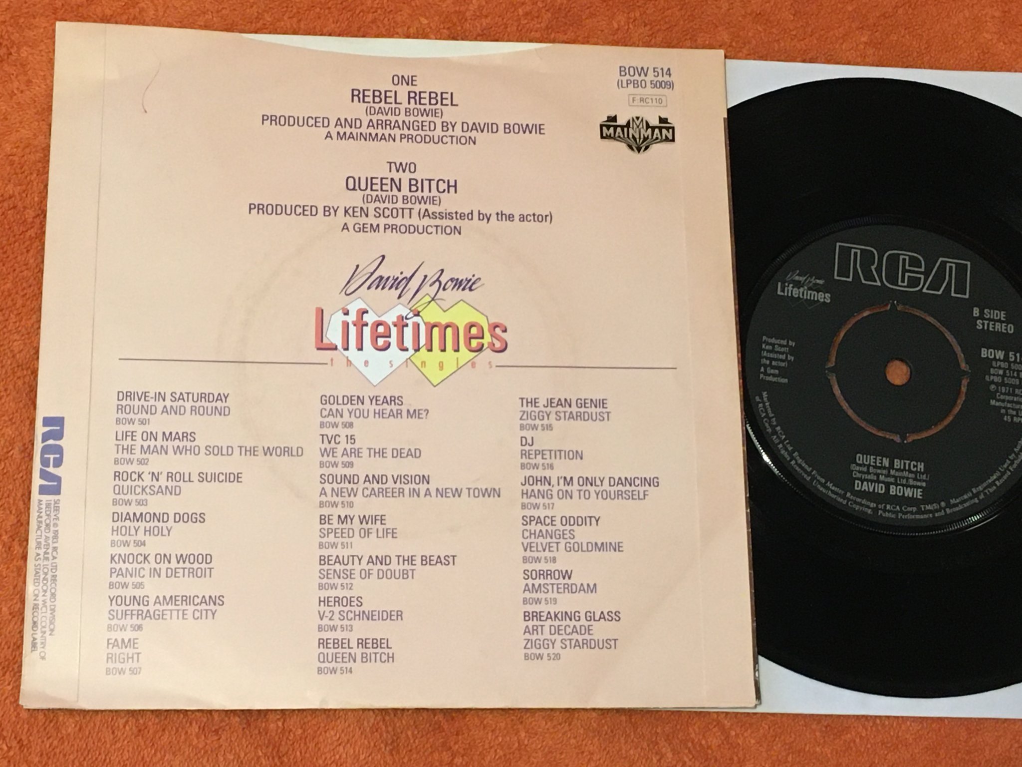 Omslagsbild för skivan David Bowie - rebel rebel  7"single UK RCA BOW 514