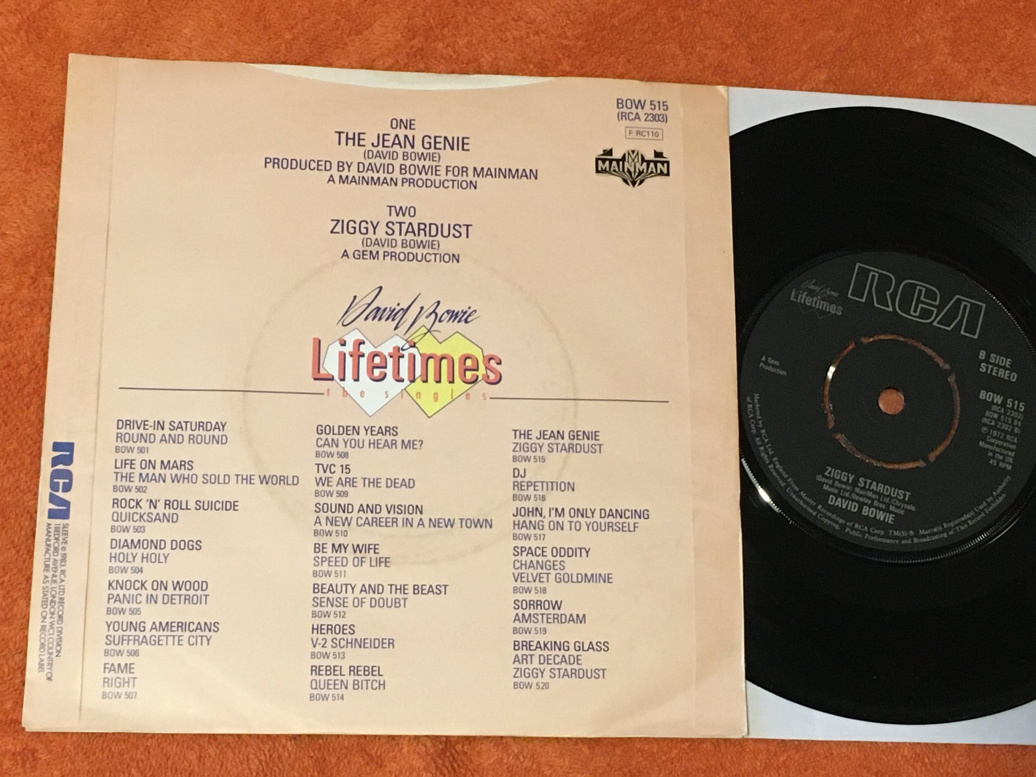 Omslagsbild för skivan David Bowie - the Jean genie 7"single UK RCA BOW 515