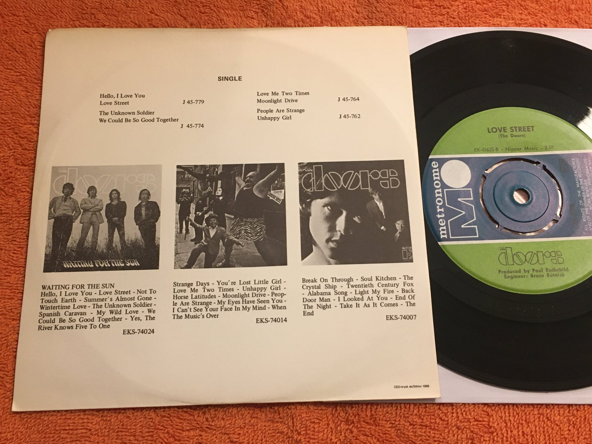 Omslagsbild för skivan THE DOORS Hello, I love you 7"single METRONOME J-45-779