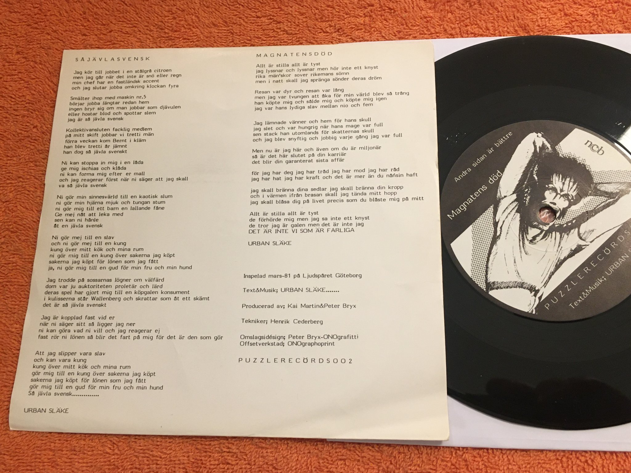Omslagsbild för skivan URBAN SLÄKE så jävla svensk 7"single -81 Swe PUZZLERECÖRDS 002 rare!