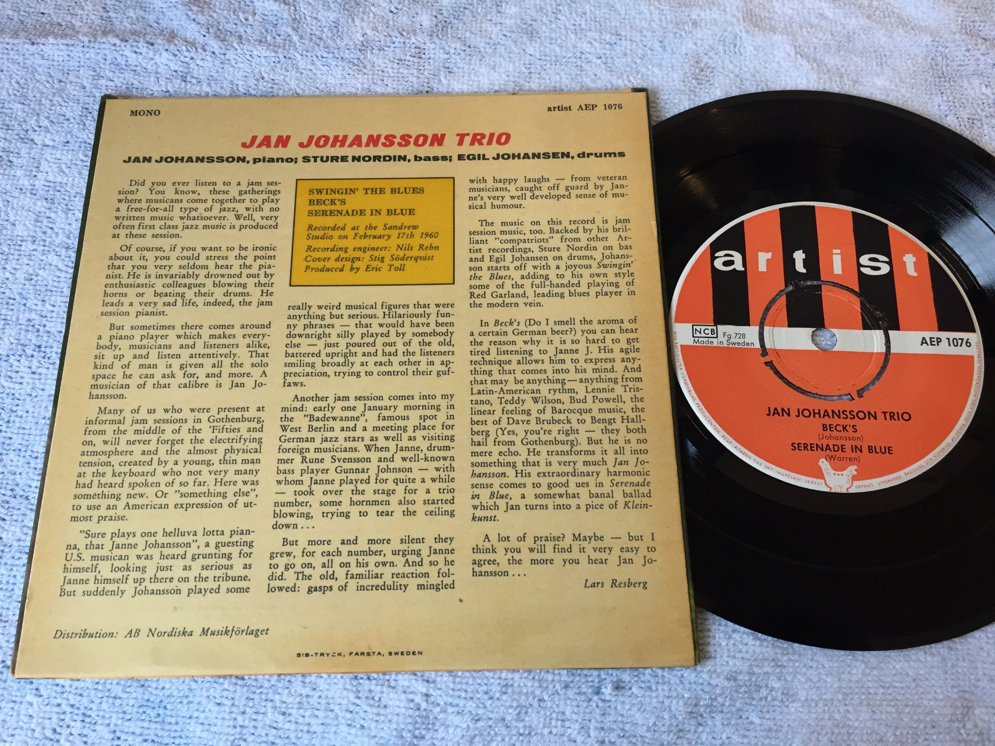 Omslagsbild för skivan JAN JOHANSSON TRIO  vol 3  7"ep -60 Swe ARTIST AEP 1076