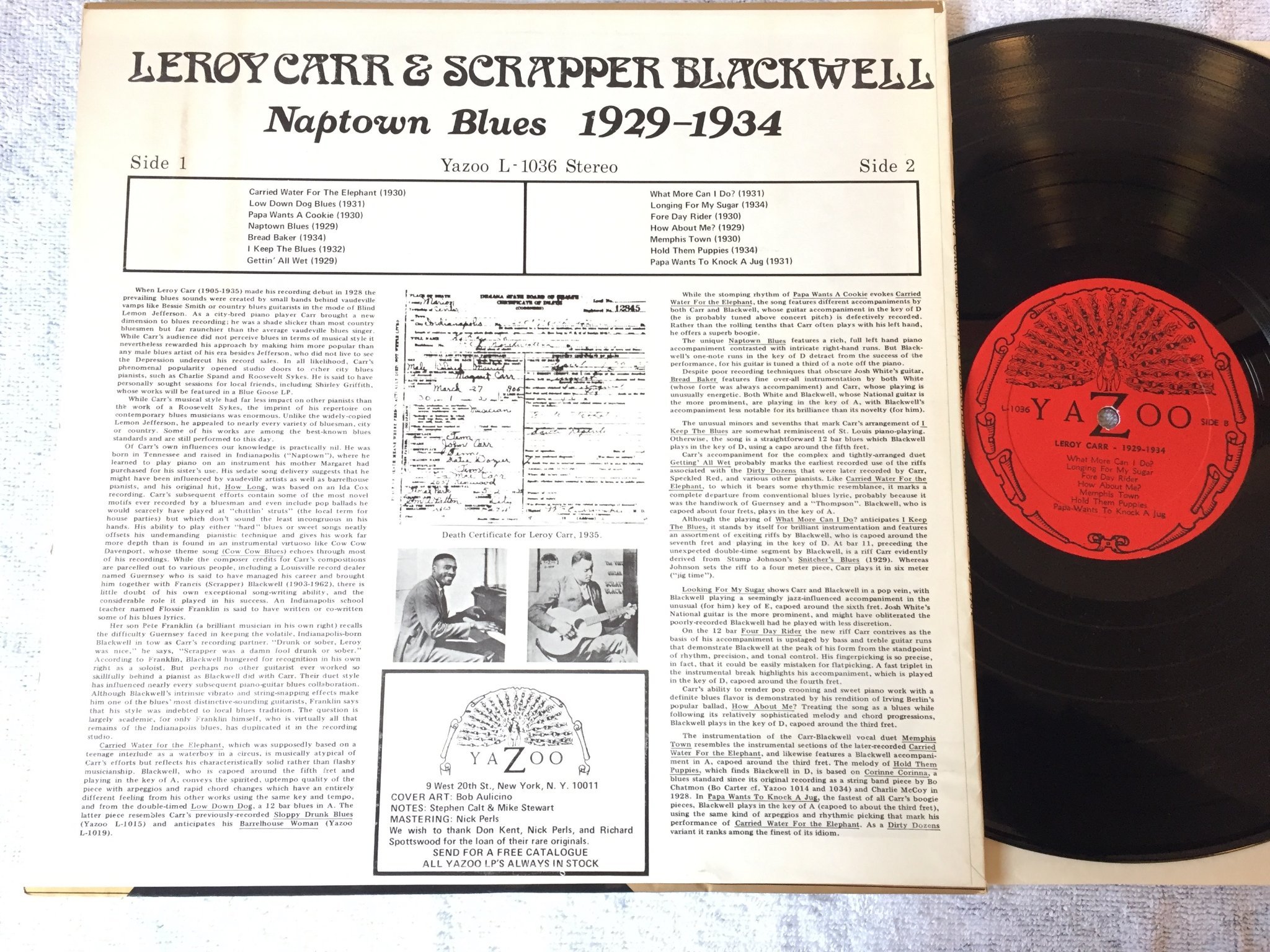 Omslagsbild för skivan LEROY CARR & SCRAPPER BLACKWELL Naptown Blues 1929-1934 LP -73 YAZOO L-1036