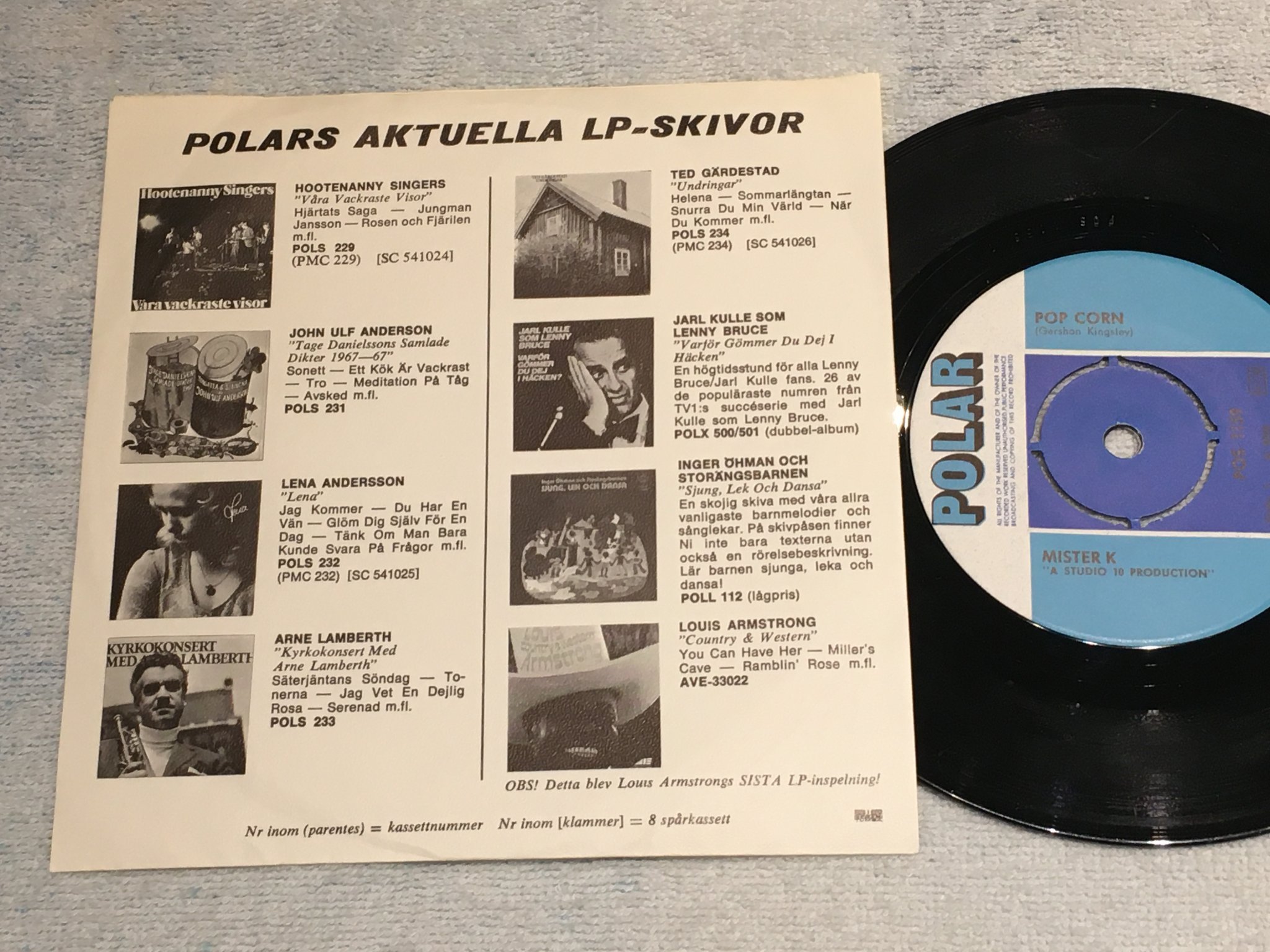 Omslagsbild för skivan MISTER K pop corn 7”single Swe POLAR POS 1159