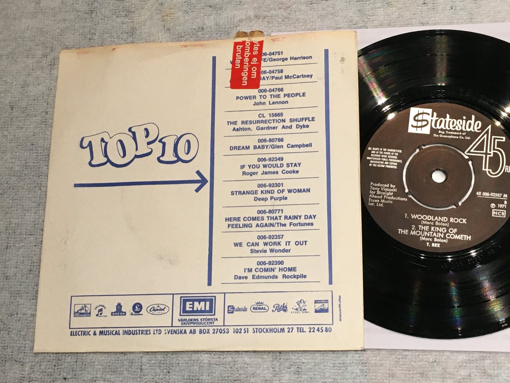 Omslagsbild för skivan T REX hot love 7”single -71 STATESIDE E006-92387