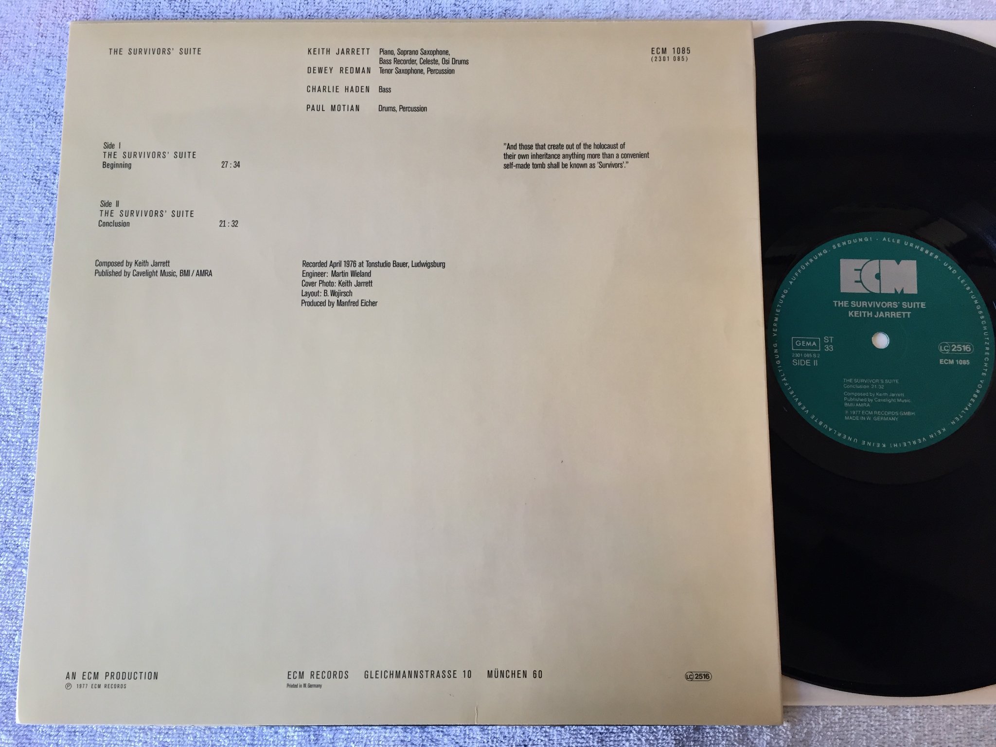 Omslagsbild för skivan KEITH JARRETT the survivors suite LP -77 Ger EMC 1085