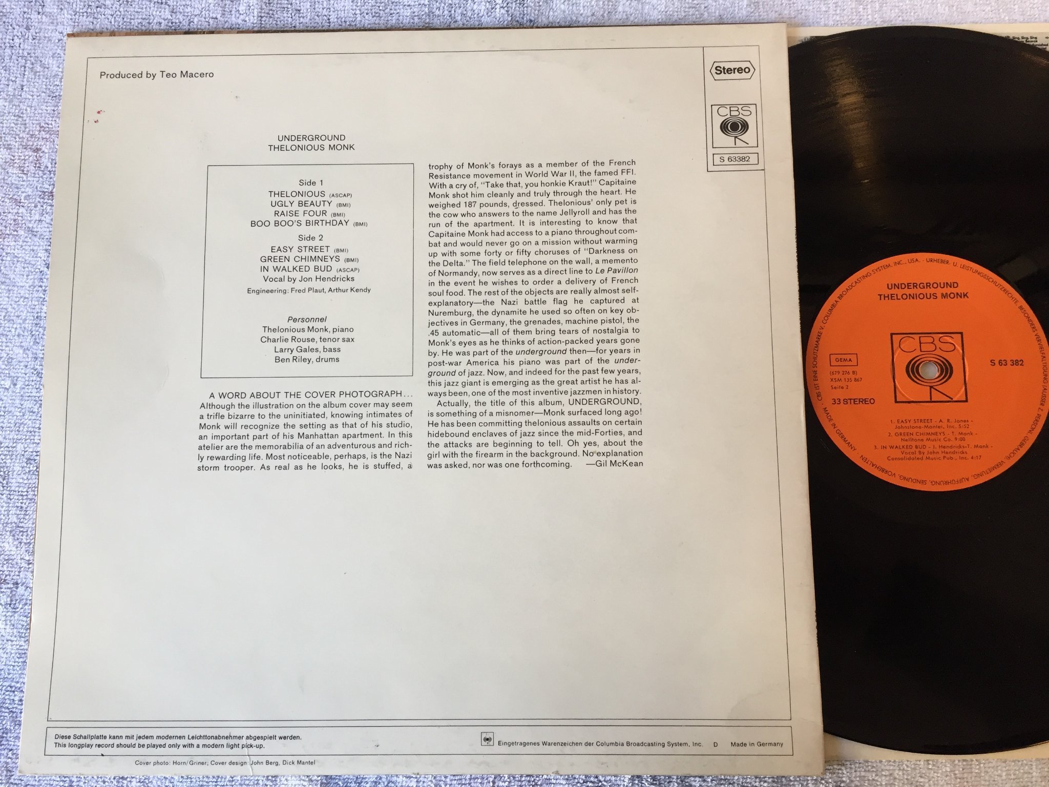Omslagsbild för skivan Thelonious Monk - underground LP Ger CBS S 63 382