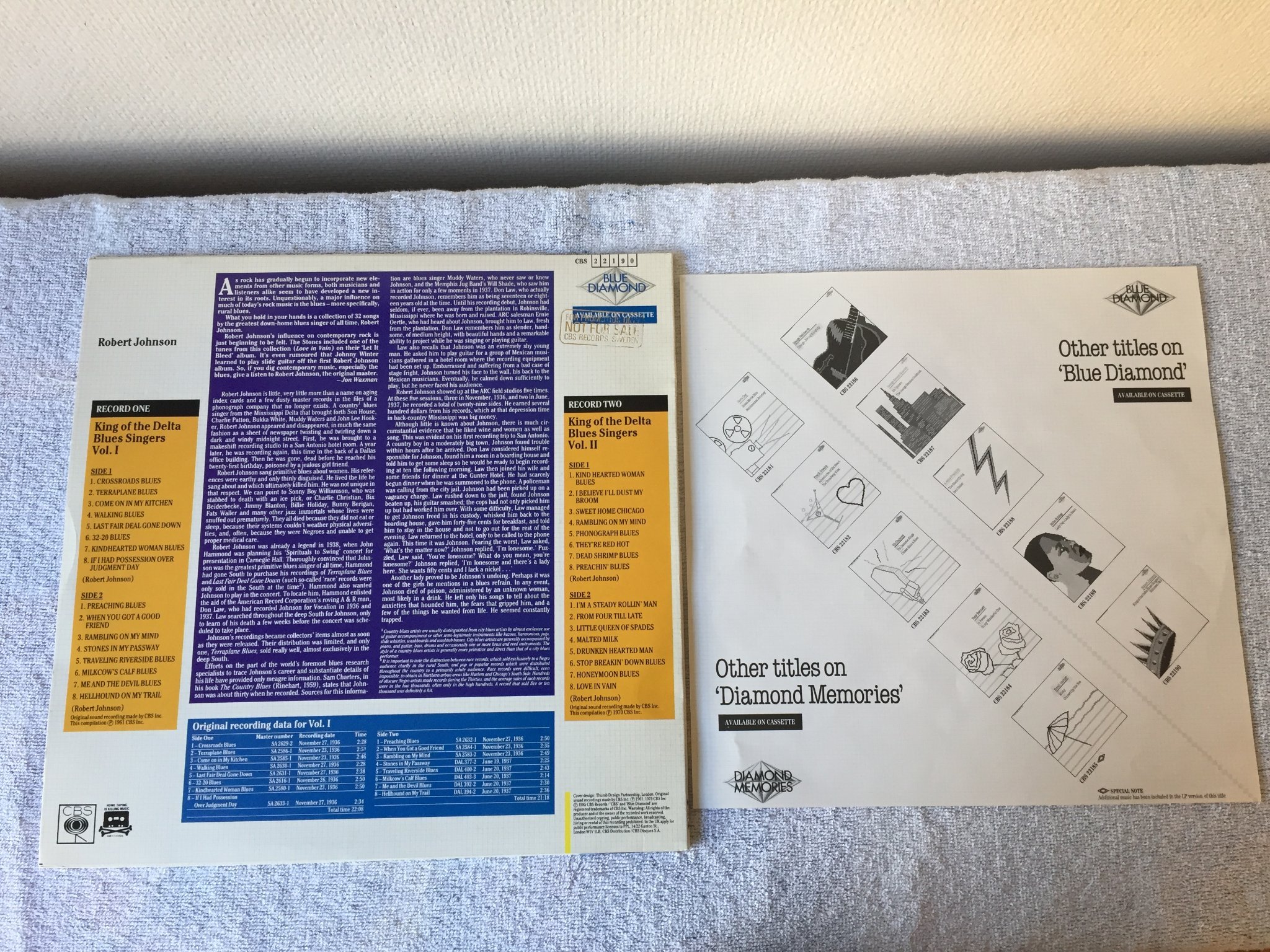 Omslagsbild för skivan ROBERT JOHNSON king of the delta blues singers 2xLP UK BLUE DIAMOND CBS 22190