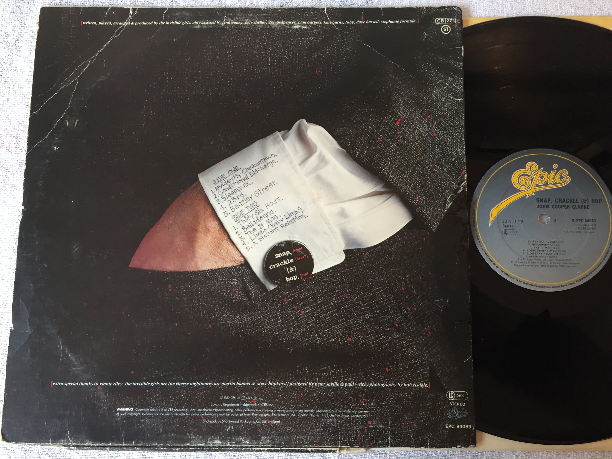 Omslagsbild för skivan JOHN COOPER CLARKE snap crackle & bop LP -80 UK EPIC S EPC 84083