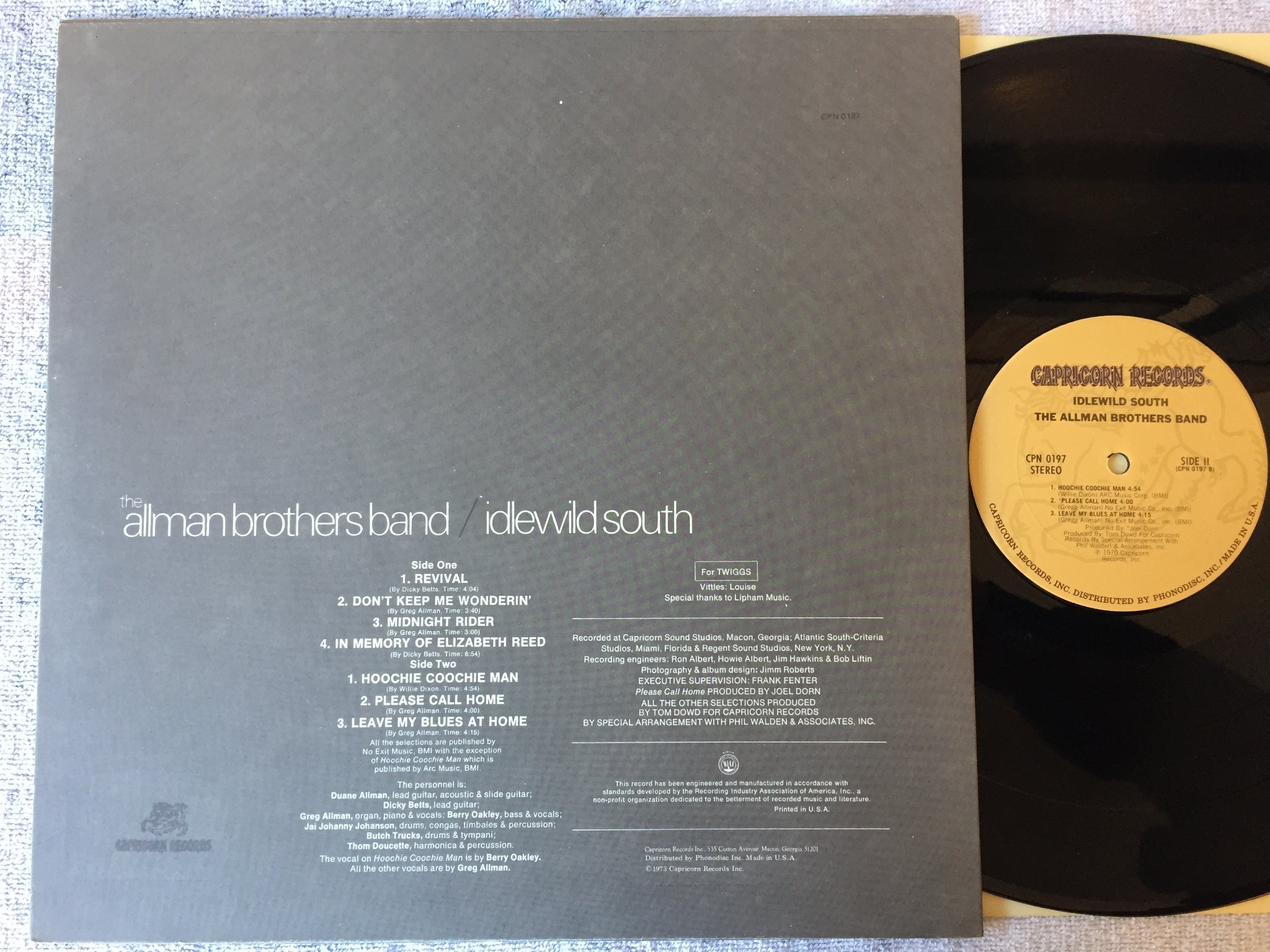 Omslagsbild för skivan THE ALLMAN BROTHERS BAND Idlewild south LP -70 CAPRICORN CPN 0197