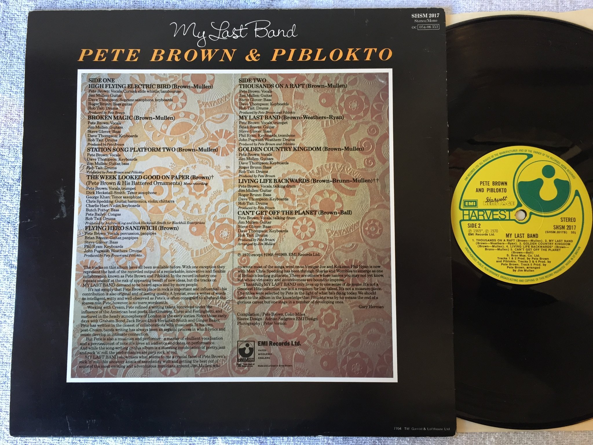 Omslagsbild för skivan PETE BROWN & PIBLOKTO my last band LP UK HARVEST HERITAGE SHSM 2017