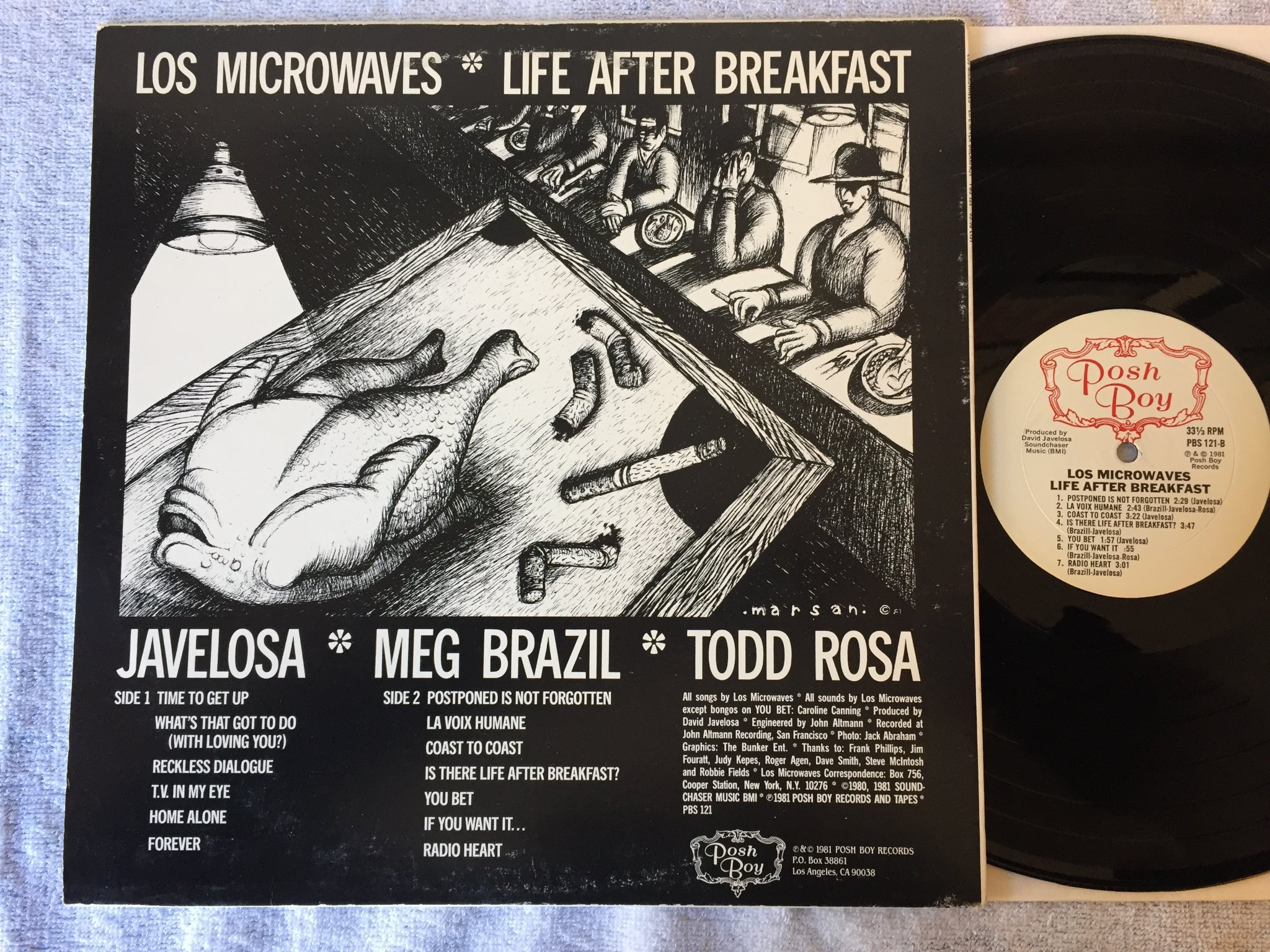 Omslagsbild för skivan LOS MICROWAVES life after breakfast LP -81 US POSH BOY PBS 121 minmal electronic
